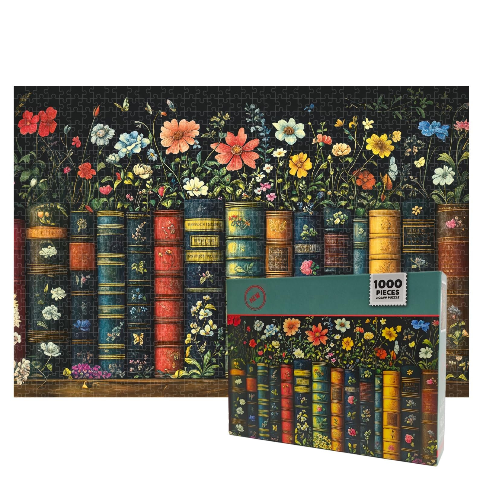 Jigsaw Puzzles for Adults 1000 Pieces, Vintage Floral Bookshelf Puzzle, Botanical Book Spine Jigsaw for Book Lovers, Mindful Relaxation & Cottagecore Wall Art Decor, Bookish Floral Puzzle Gift