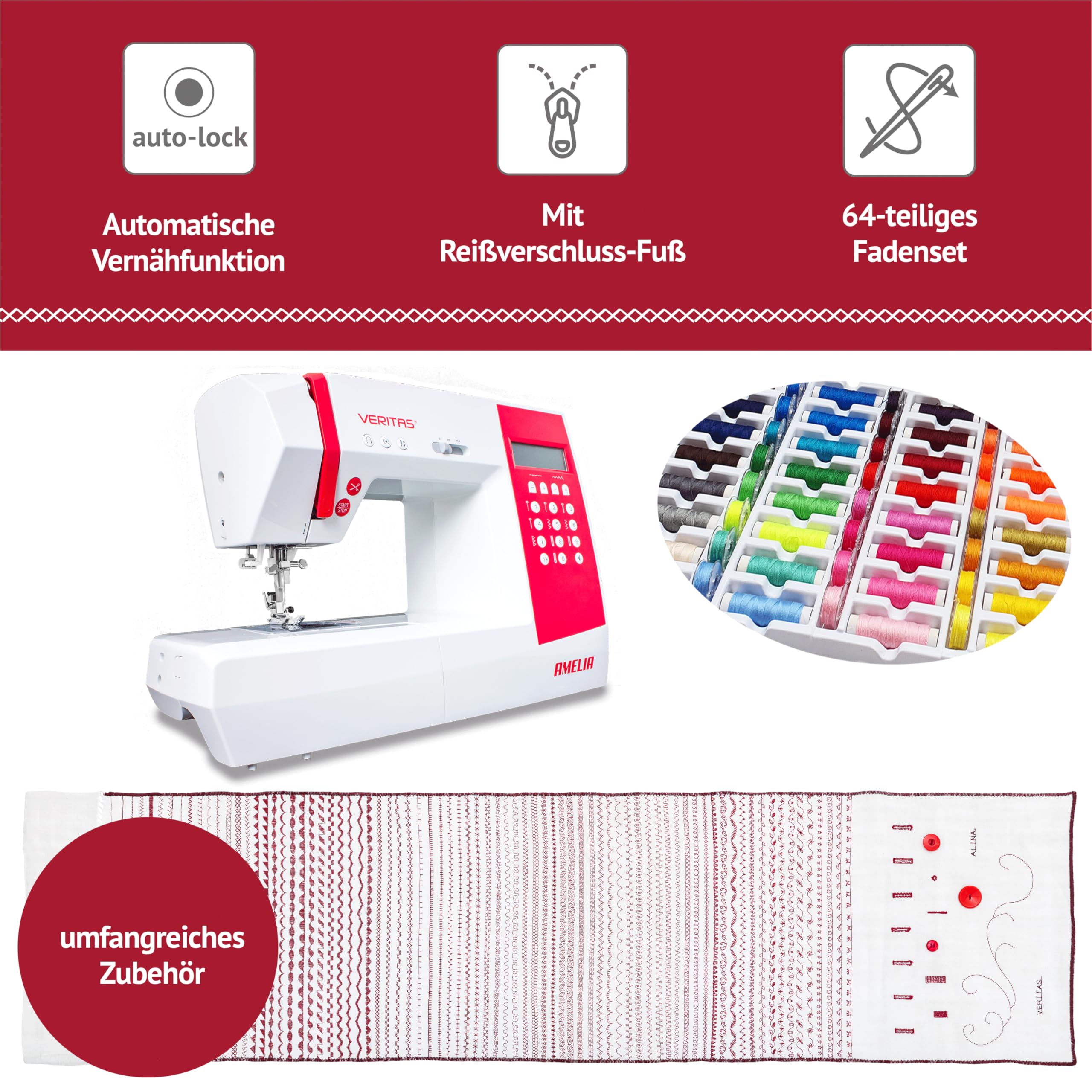 VERITAS Nähmaschine Amelia I Computer-Nähmaschine I 90 Programme inkl. Speicherfunktion I Stiche spiegeln I Auto-Fadenspannung & Einfädelhilfe I Fadenabschneider I LCD-Display & LED-Nählicht (weiß)