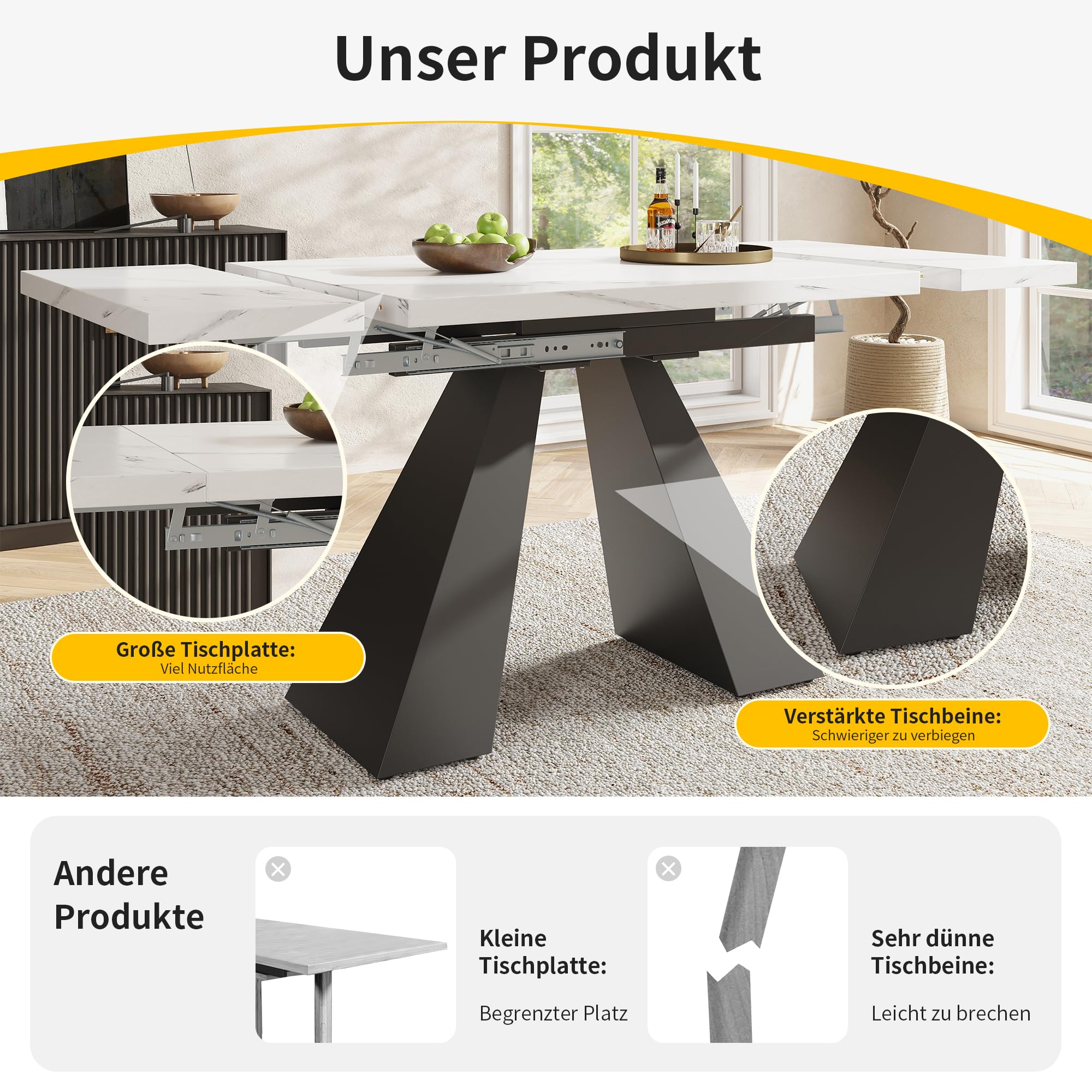 Merax Mesa de comedor extensible 99-159 x 74 cm, mesa de cocina con amplia superficie de trabajo, diseño flexible para oficina en casa y sala de estar, mesa blanca con patas de columna