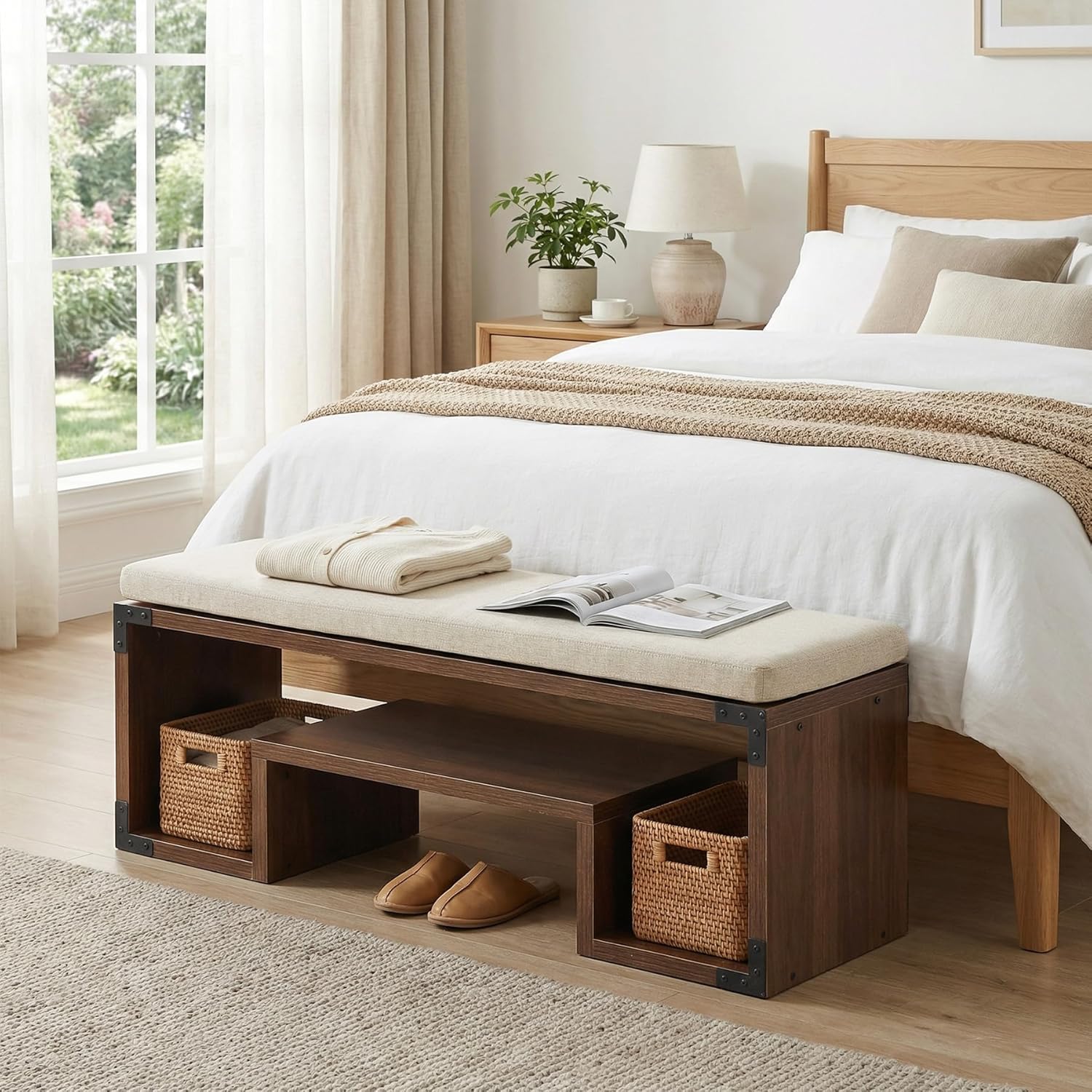 Tribesigns Shoe Storage Bench with Cushion, 47" Entryway Bench with Storage Shelf and Removable Padded Seat for Entryway, Hallway, Living Room, Bedroom, Vintage Brown