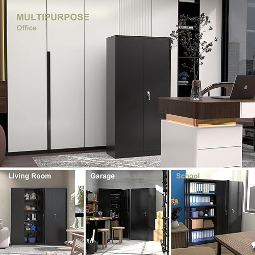 Miniatura 3 de GangMei 71" Locking Metal Storage Cabinets with 2 Doors and 4 Adjustable Shelves, Tall Garage Cabinet with 2 Keys, Black Steel Cabinet for Office,