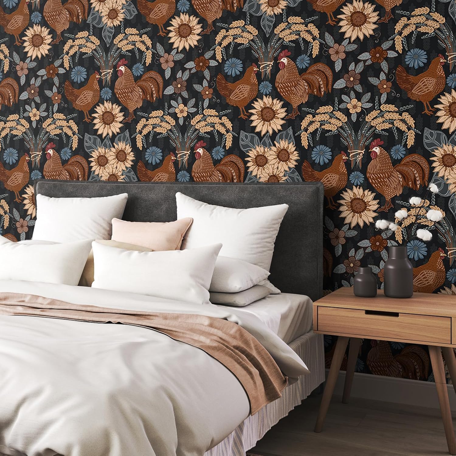 VEELIKE Cottage Farm Rooster Sunflower Wallpaper Peel and Stick Retro Farmhouse Wallpaper for Kitchen Coop 17.7''x354'' Waterproof Removable Chicken Wall Paper Self Adhesive for Bedroom Living Room