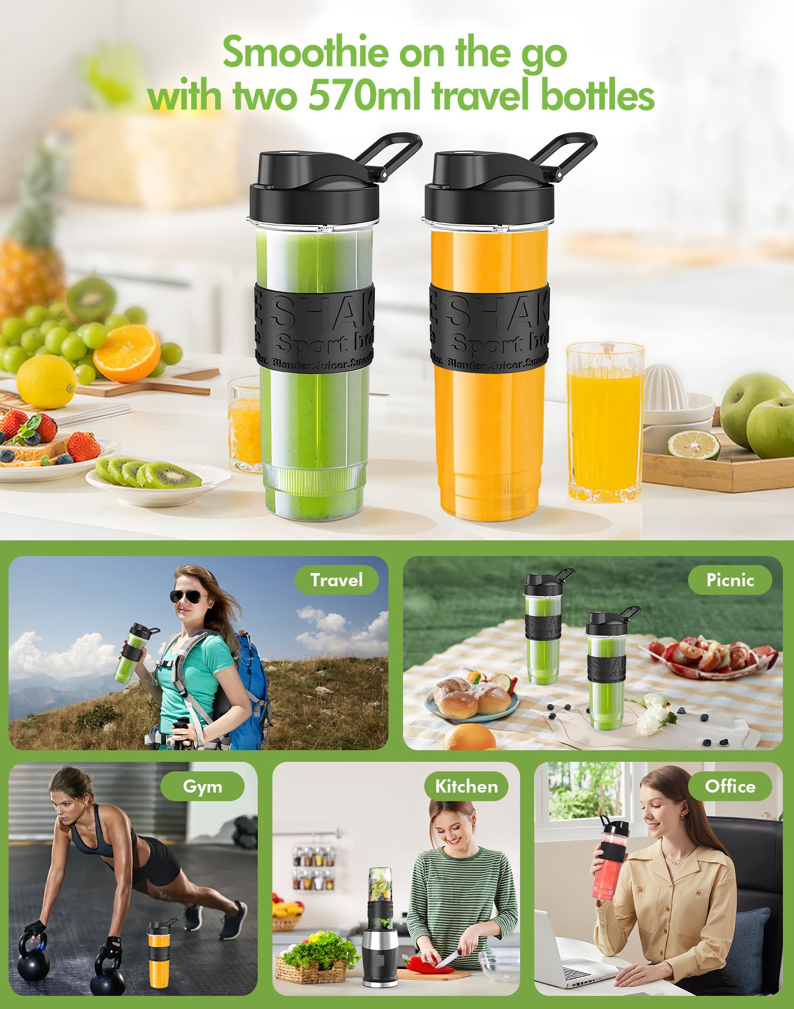 Mikser do smoothie 500 W, mikser stojący i blender do smoothie Maker z 2 butelkami o pojemności 570 ml, tritan, bez BPA, przenośny blender ze stali nierdzewnej, 4 arkusze do shake'a i smoothie