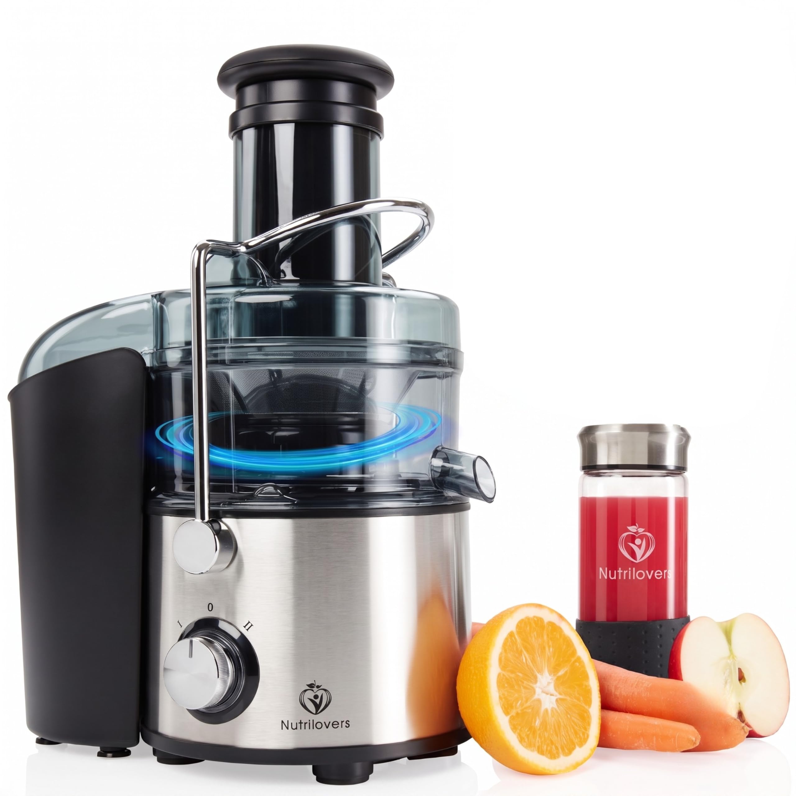 Nutrilovers Extractor de Zumo QUICK-JUICER MAX, Centrífugo 800 W, Boca XXL, Tamiz de Acero Inoxidable, Depósito de Pulpa Externo, Sin BPA, Botella