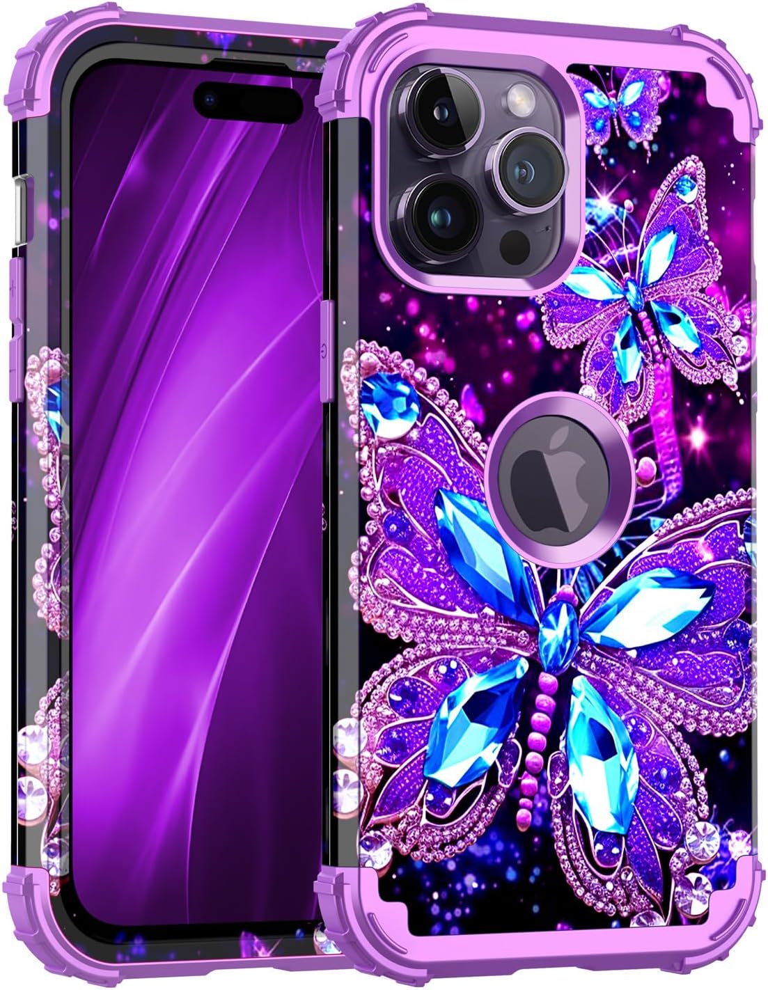Miqala Compatible with iPhone 14 Pro Case,Glow in The Dark Three Layer Heavy Duty Shockproof Hard Plastic Bumper+Soft Silicone Protective Case for iPhone 14 Pro 6.1 inch,Amaranth
