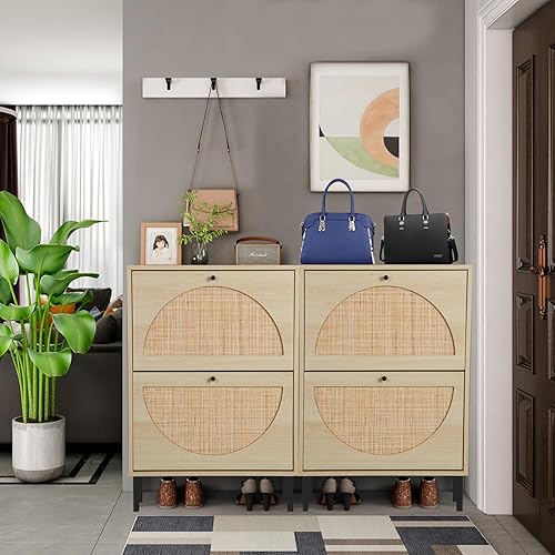 Miniatura 6 de Zapatero de ratán con 2 cajones abatibles, organizador de zapatos delgado para entrada, tacones, botas, pantuflas