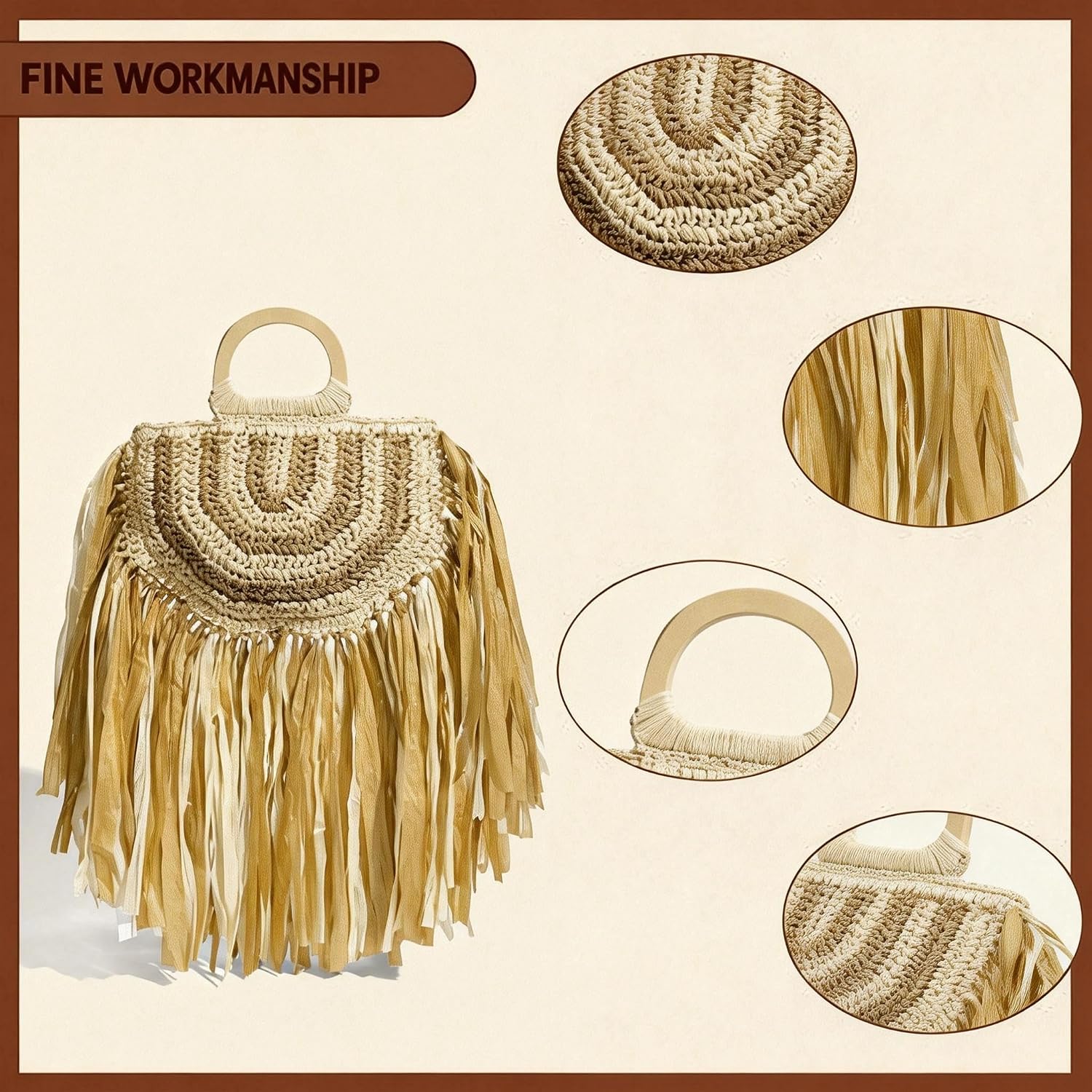 Fringe Crochet Straw Handbag for Women, Wooden Handle Woven Straw Beach Bag, Summer Vacation Tote，Clutch Purses for Women