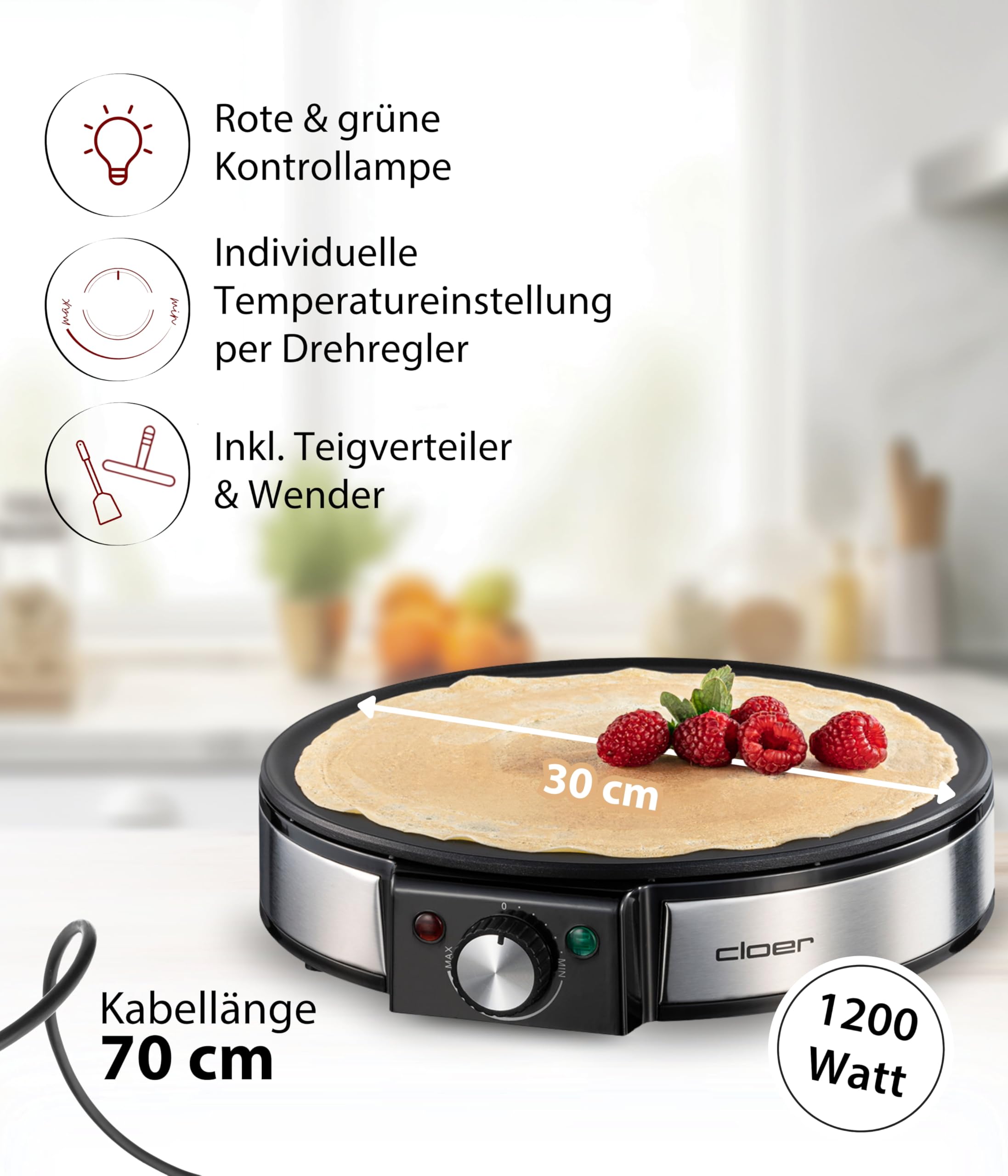 Cloer 6630 Crêpes-Maker für hauchdünne Crêpes, 30 cm Durchmesser, inkl. Teigverteiler und Wender, Crêpes-Platte mit Antihaftbeschichtung und stufenloser Temperaturkontrolle, 1200 W