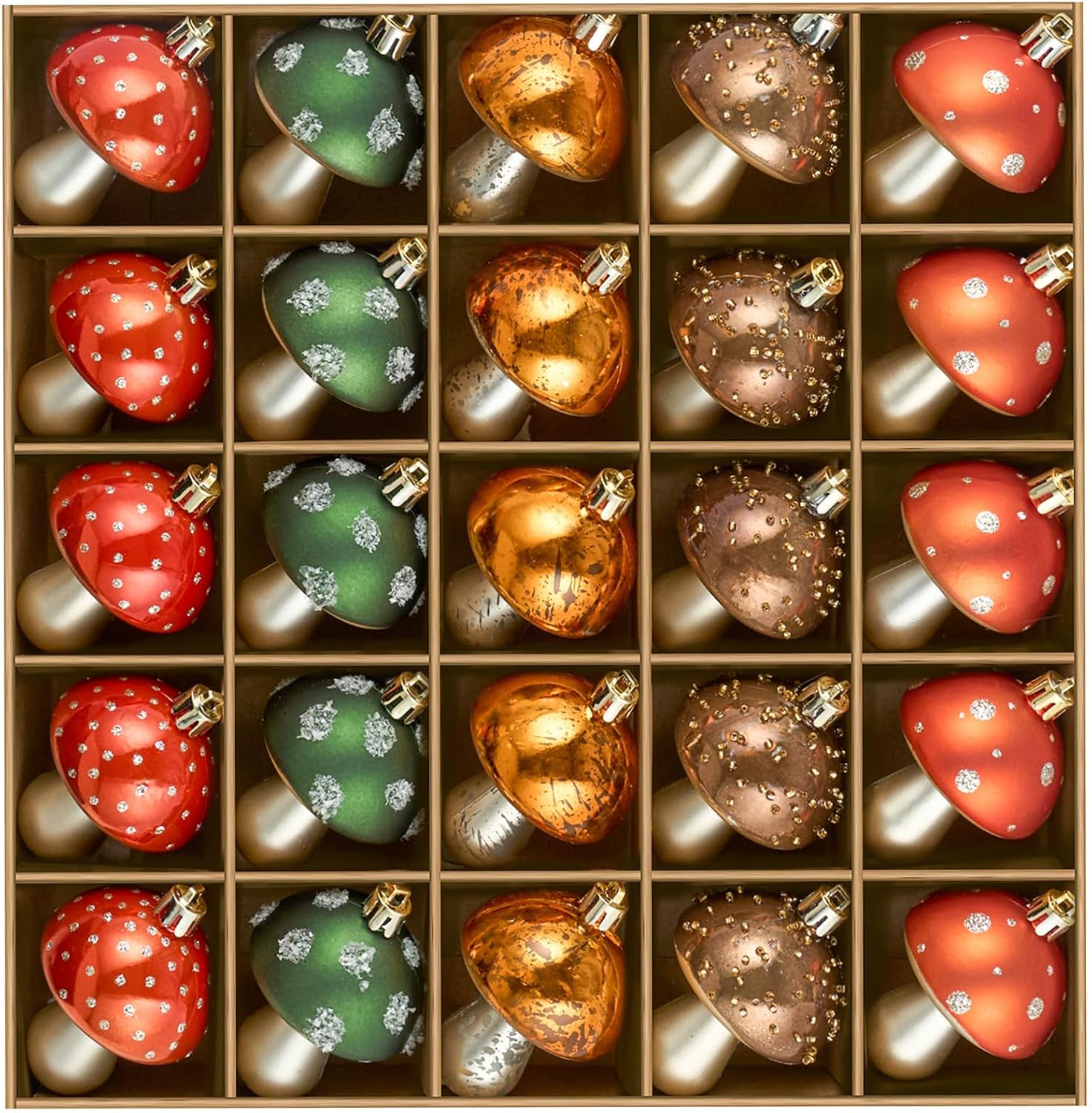 JORNOY Fall Ornaments for Tree, Shatterproof Plastic Harvest Decorations with Hanging String, Rustic Balls Baubles Bulk for Thanksgiving Home Decor, 25 Pack, Mushroom