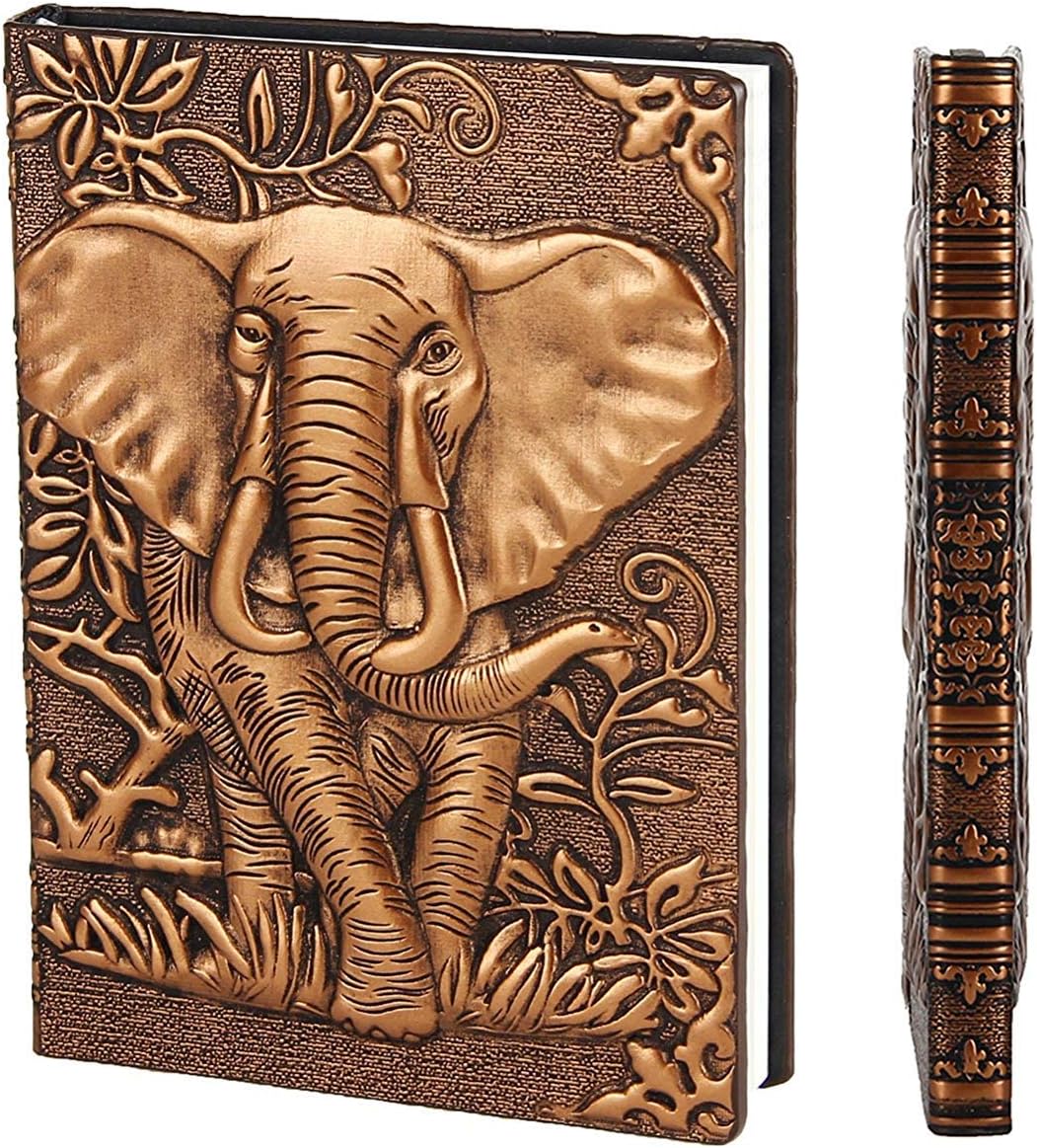 YHH Small Vintage Leather Notebook A6, Hardcover Journal Diary Pocket Size Lined-Blank Page Embossed Notepad Writing Anniversary Valentines Birthday Gift for Men Women Kid Boys Girls Mum 3D Elephant