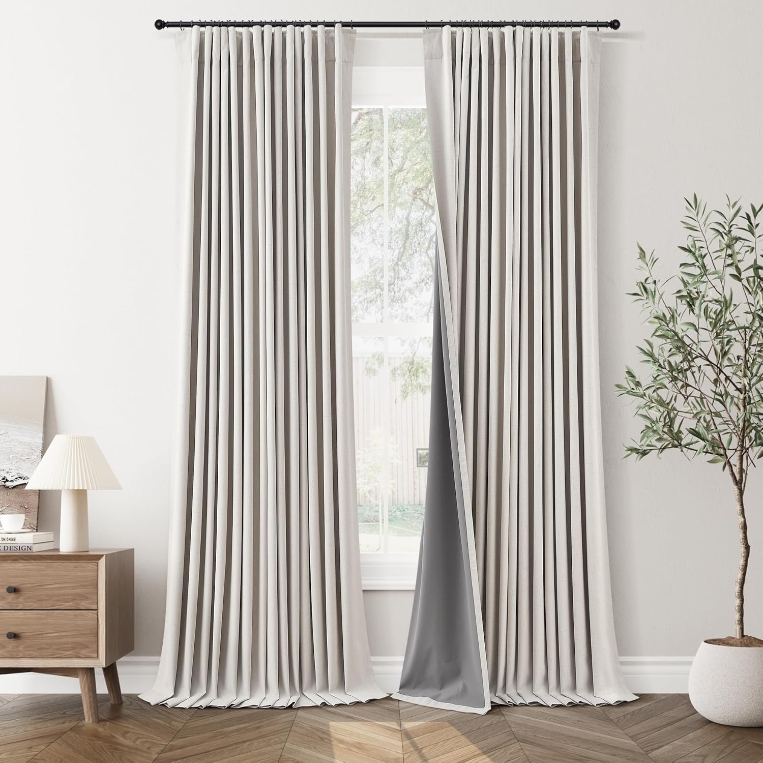 100% Blackout Curtains 96 Inches Long 2 Panels for Bedroom, Back Tab Pleated Thermal Insulated Window Drapes with Hooks, Noise Reducation Black Out Darkening Linen Curtains for Living Room, Natural