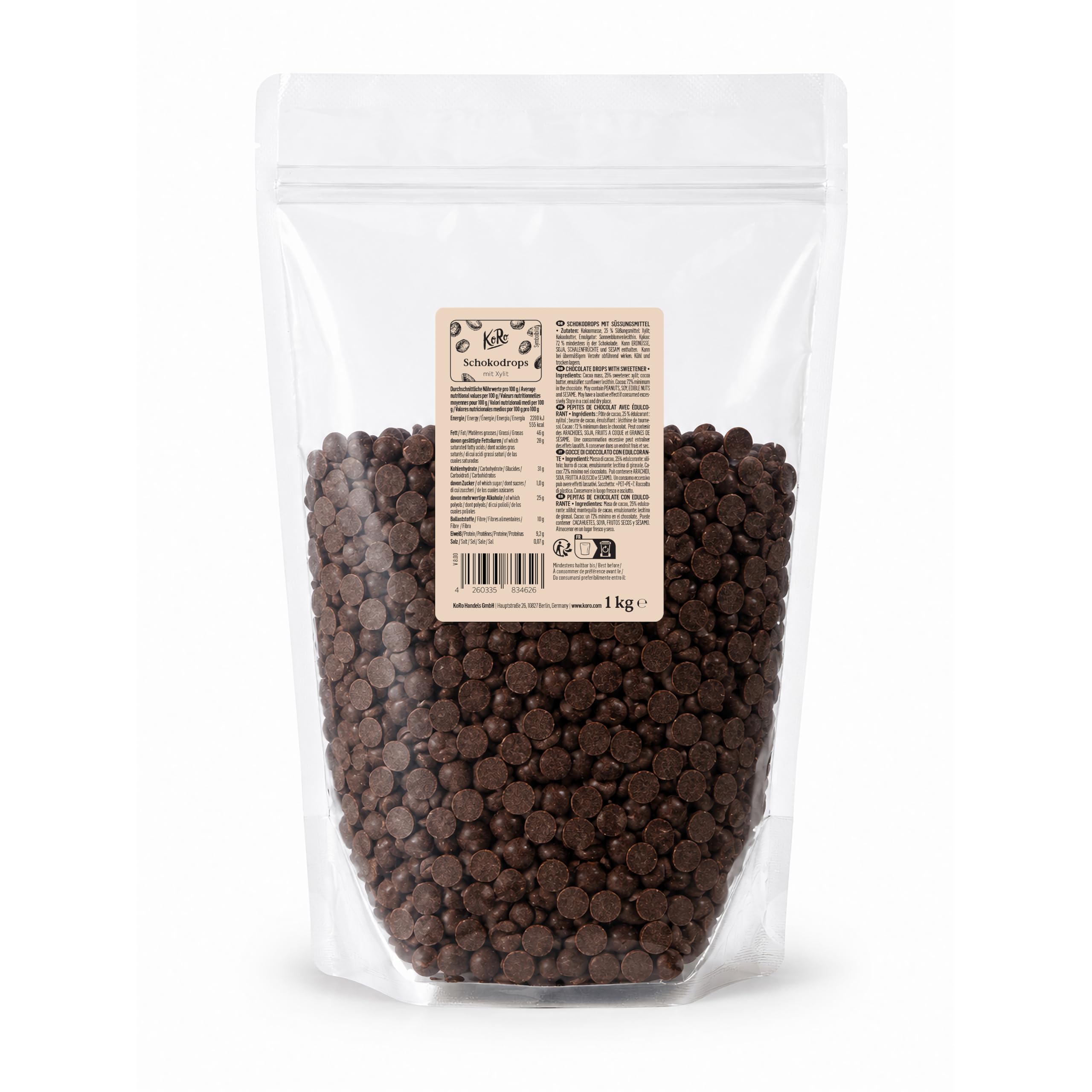 KoRo - Schokodrops mit Xylit 1 kg - Vegane Zartbitterschokolade - Ohne Zuckerzusatz - Zum Backen & als Topping