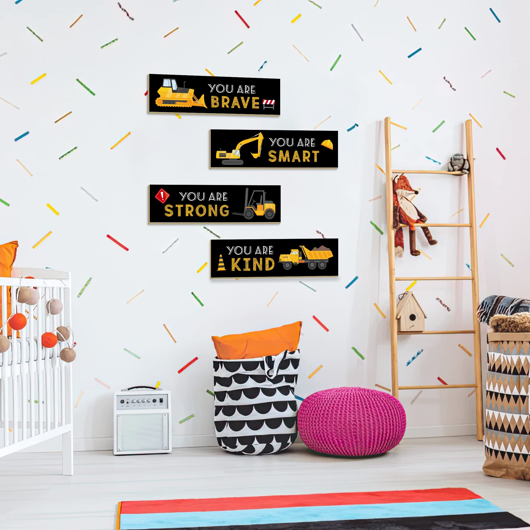 LUHIMO 4 PCS Construction Trucks Theme Room Decor for Boys,Wooden Hanging Wall Pediments for Kids Toddler Boy Playroom Art Inspirational Quotes. 1