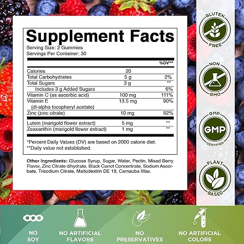 Miniatura 2 de Vitamatic Gomitas de salud ocular con luteína, zeaxantina, vitamina C, E y zinc, sabor mixto de bayas, 60 gomitas sin OMG, sin gluten