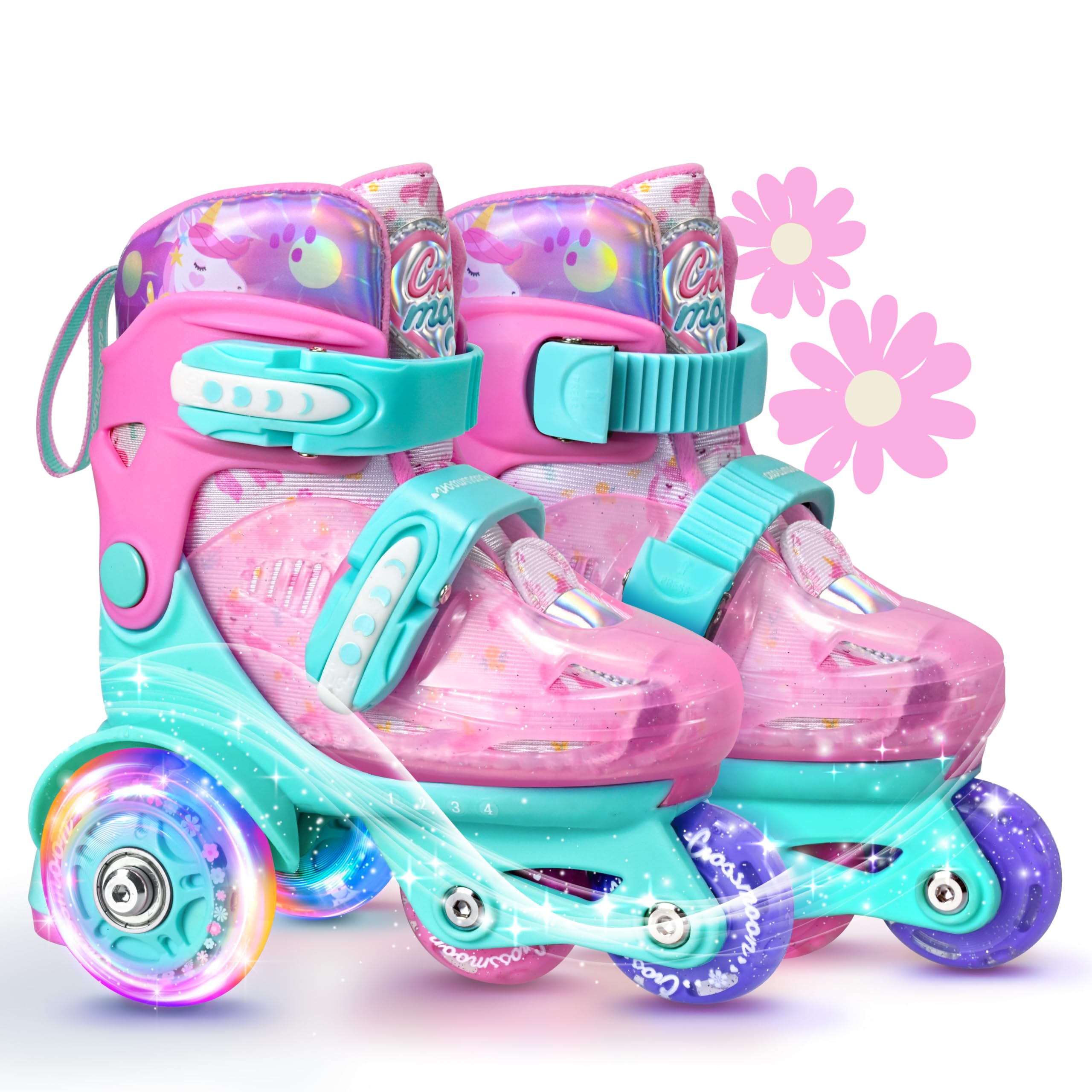 Unicorn Toddler Roller Skates, Kids Training Safety Tripple Protection Roller Skates with 4 Adjustable Sizes, Fun Light-Up Wheels, Little Girls' Fancy Gift