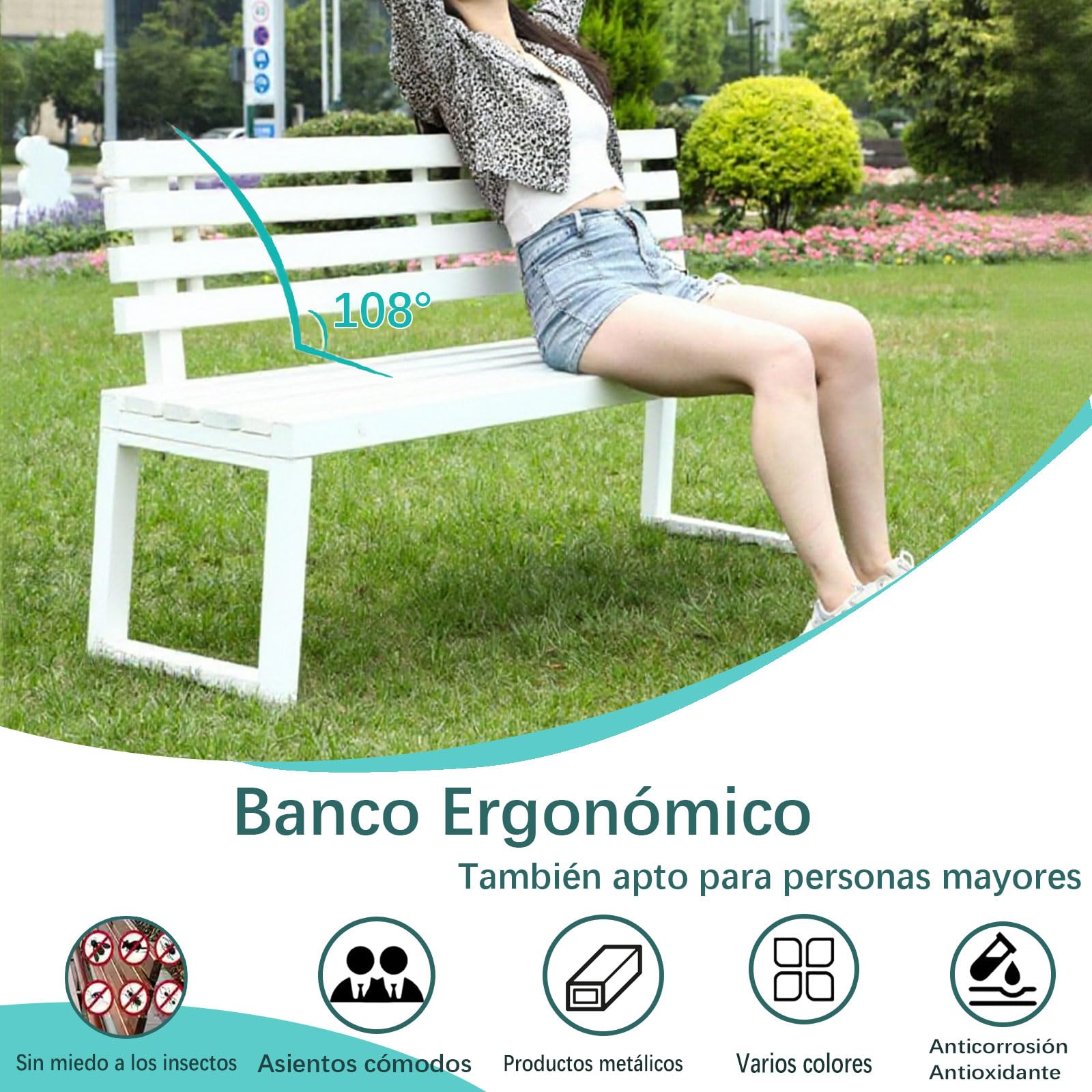 Banco de Exterior e Interior,Banco de Jardín de Metal Cómodo y Duradero,Asientos de Patio,Resistente a la Intemperie y al óxid,Apto para Parque,Jardín,Patio,Porche Azul 150×40×85cm