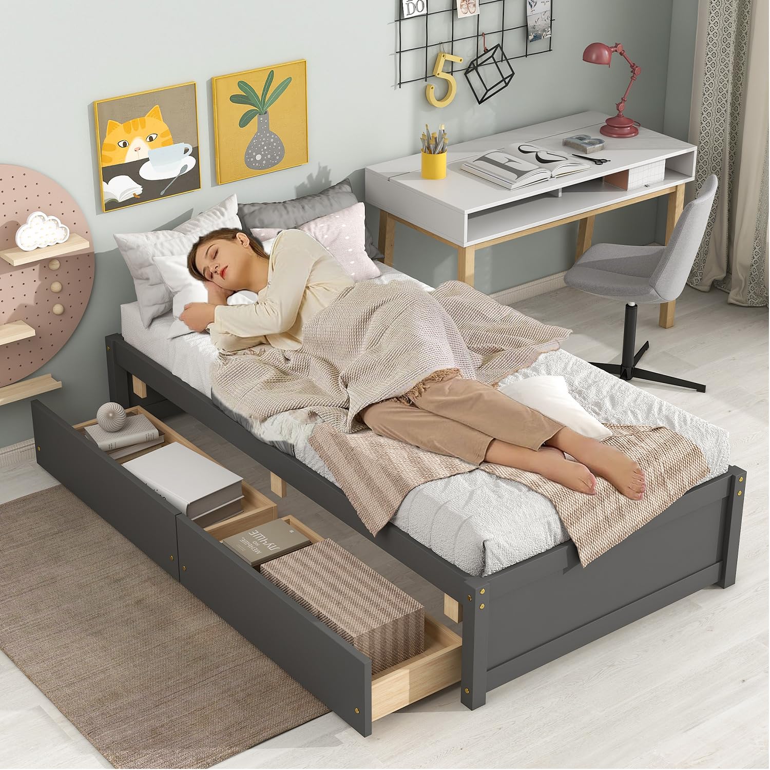Amazon.com: Twin Size Bed Frame with Storage Drawers, Solid Pine