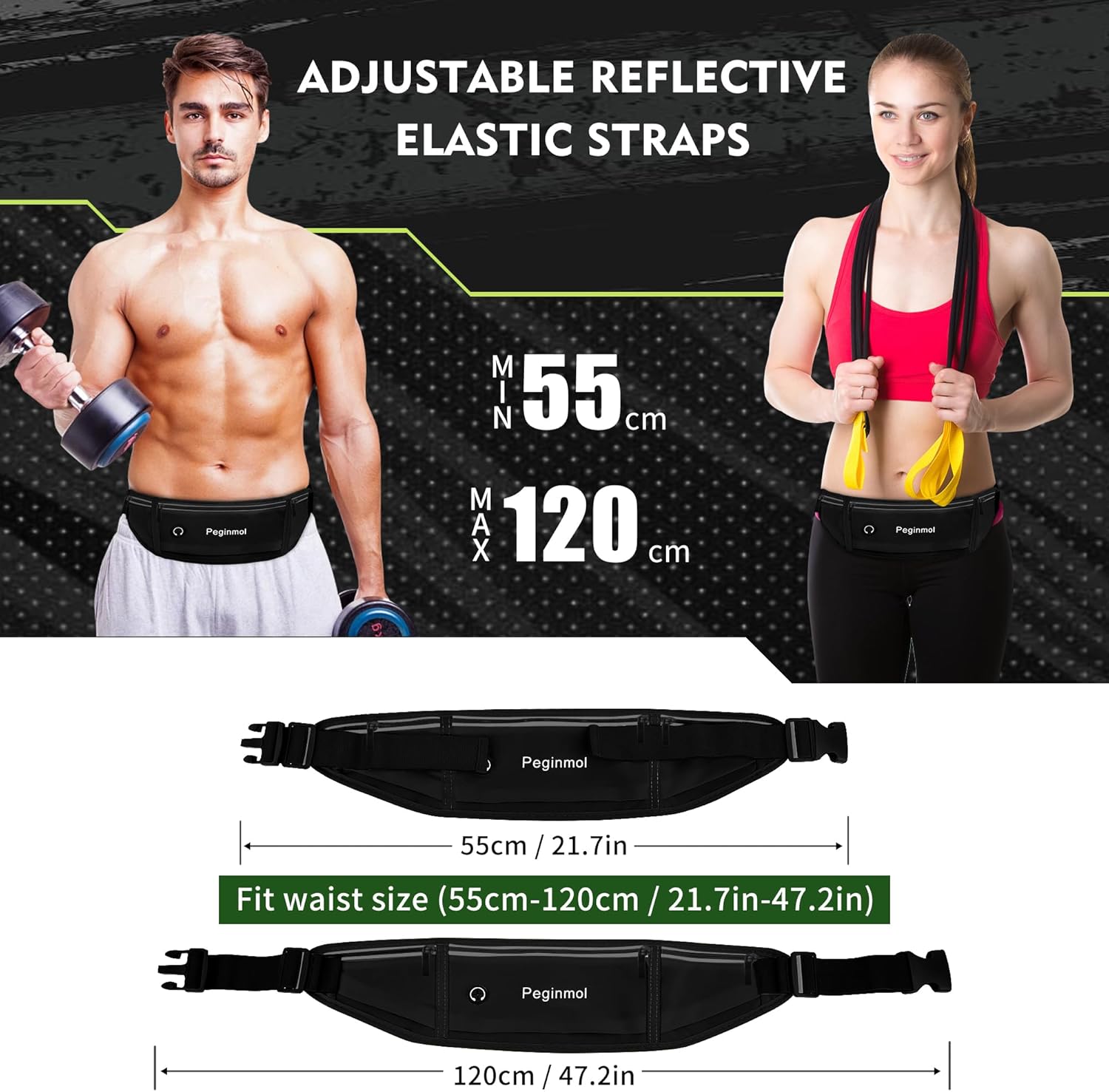 Slim Running Belt Fanny Pack, Waist Pack Bag for Women Men, Running Pouch for Phone Waterproof Reflective with 3 Pouches, Running Phone Holder for Sports, Traveling (Black) - Image 2