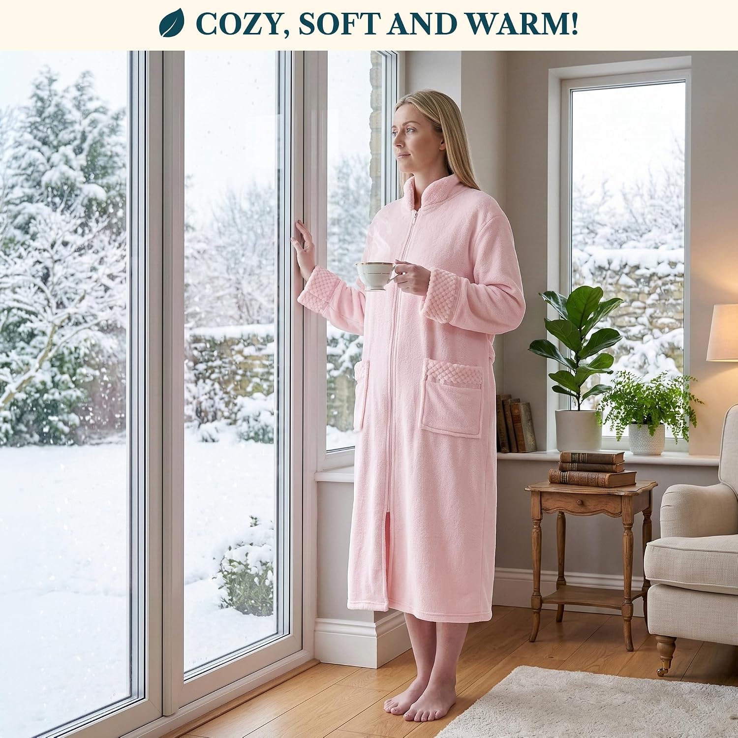 PAVILIA Womens Zip Up Robe with Pockets, Long Fleece Housecoat for Women, Plush Warm Zipper Bathrobe, Cozy Soft House Coat