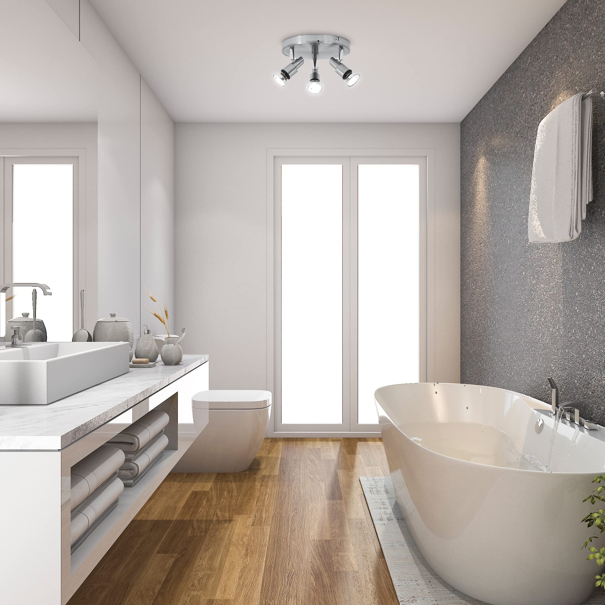 B.K.Licht Plafoniera LED da soffitto con faretti orientabili per bagno resistente agli schizzi d'acqua IP44, include 3 lampadine GU10 5W, metallo color nickel opaco, faretti LED luce calda 3000K, 230V