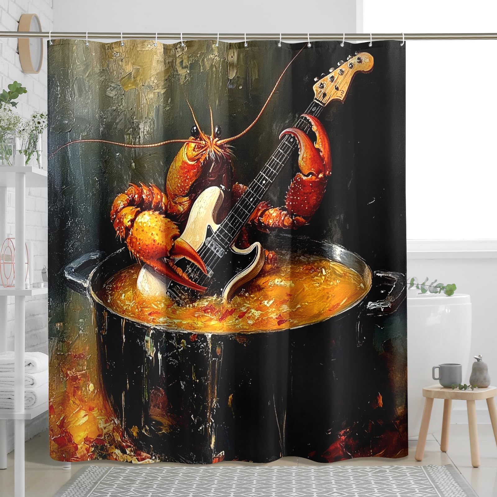 Funny Coastal Crawfish Shower Curtain, Fun Guitar Lobster Shower Curtains for Bathroom, Ocean Life Bath Pattern Decor Accessories Set -72 Inch