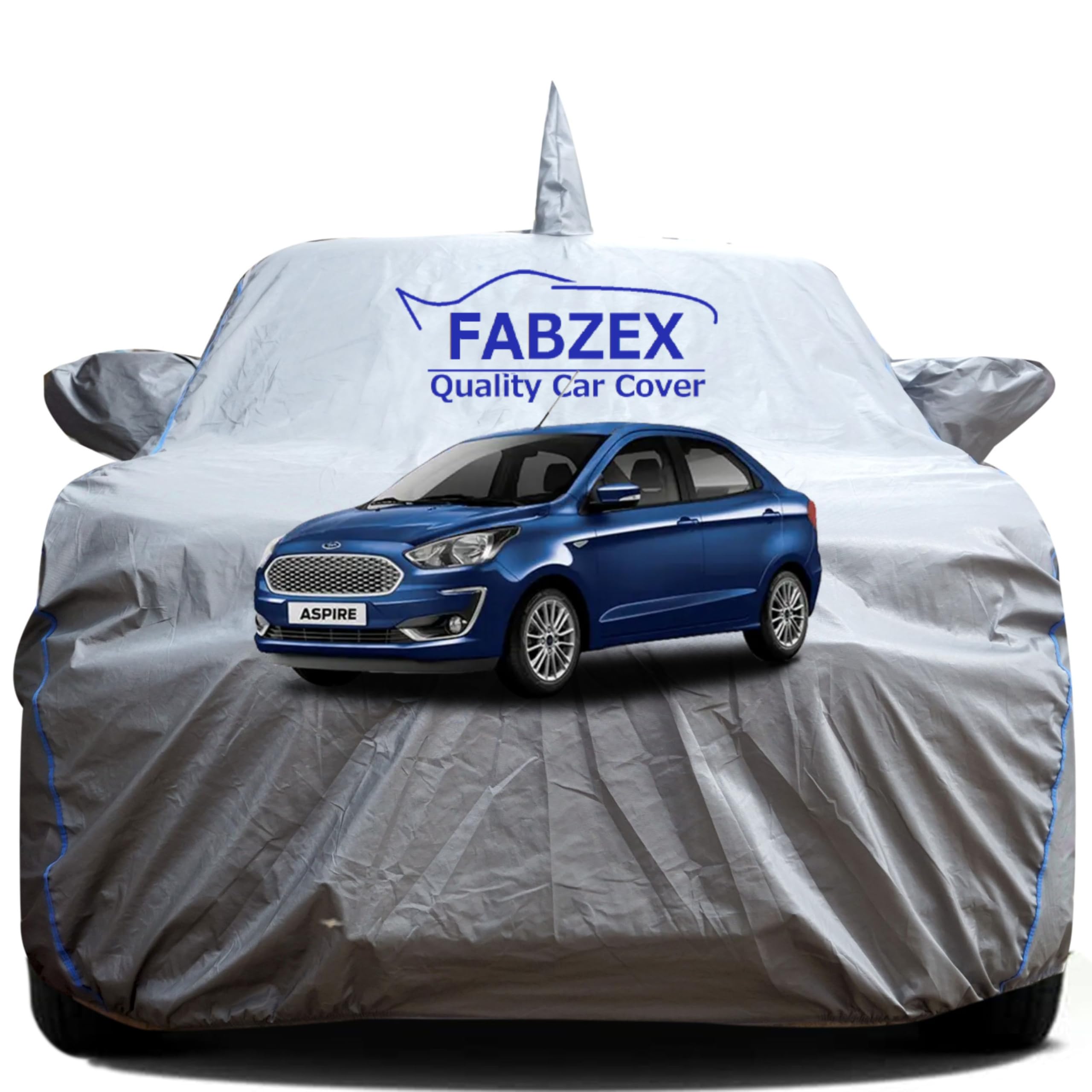 Waterproof Car Body Cover Compatible for Ford Aspire (All Models) with Mirror and Antenna Pockets,Triple Stitched,Bottom Elastic with Buckle Light Grey Cover with Blue Piping,Free Bag-image-37