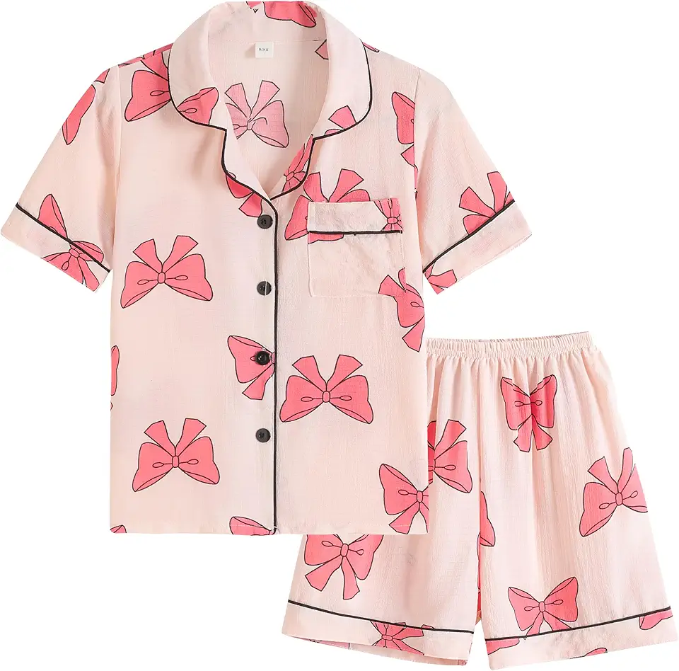 Vopmocld Big Girls Button Down Sleepwear Short Sleeve With Shorts 2PCS Pajama Sets Casual Lapel Loungewear Patterns Printed