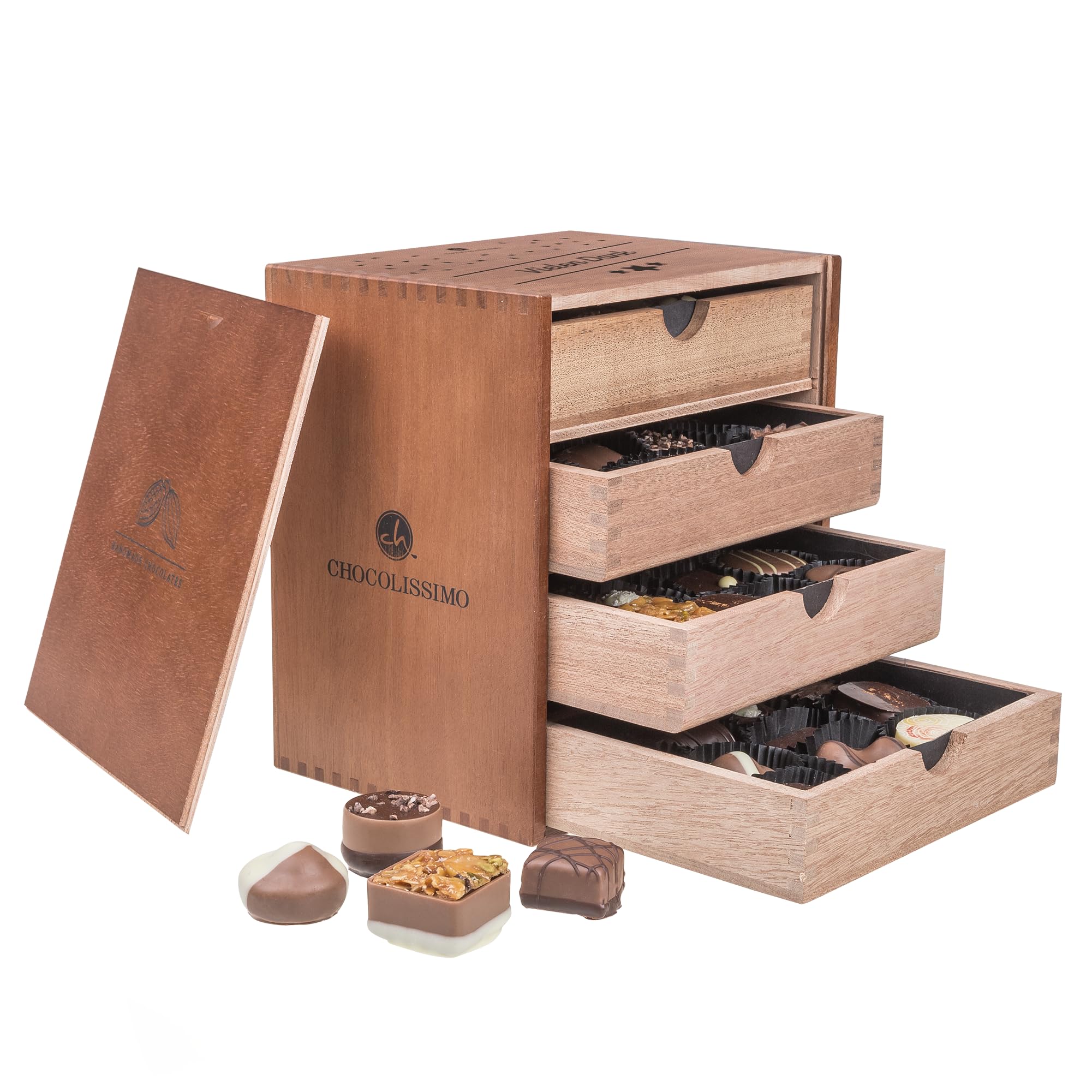 CHOCOLISSIMO - Chocolats à Offrir - Cadeau de Remerciement en Chocolat dans Boîte en Bois - 40 Pralines Fins avec Alcool - Idée Cadeau Anniversaire, Saint Valentin pour Femme, Homme, Papa, Maman