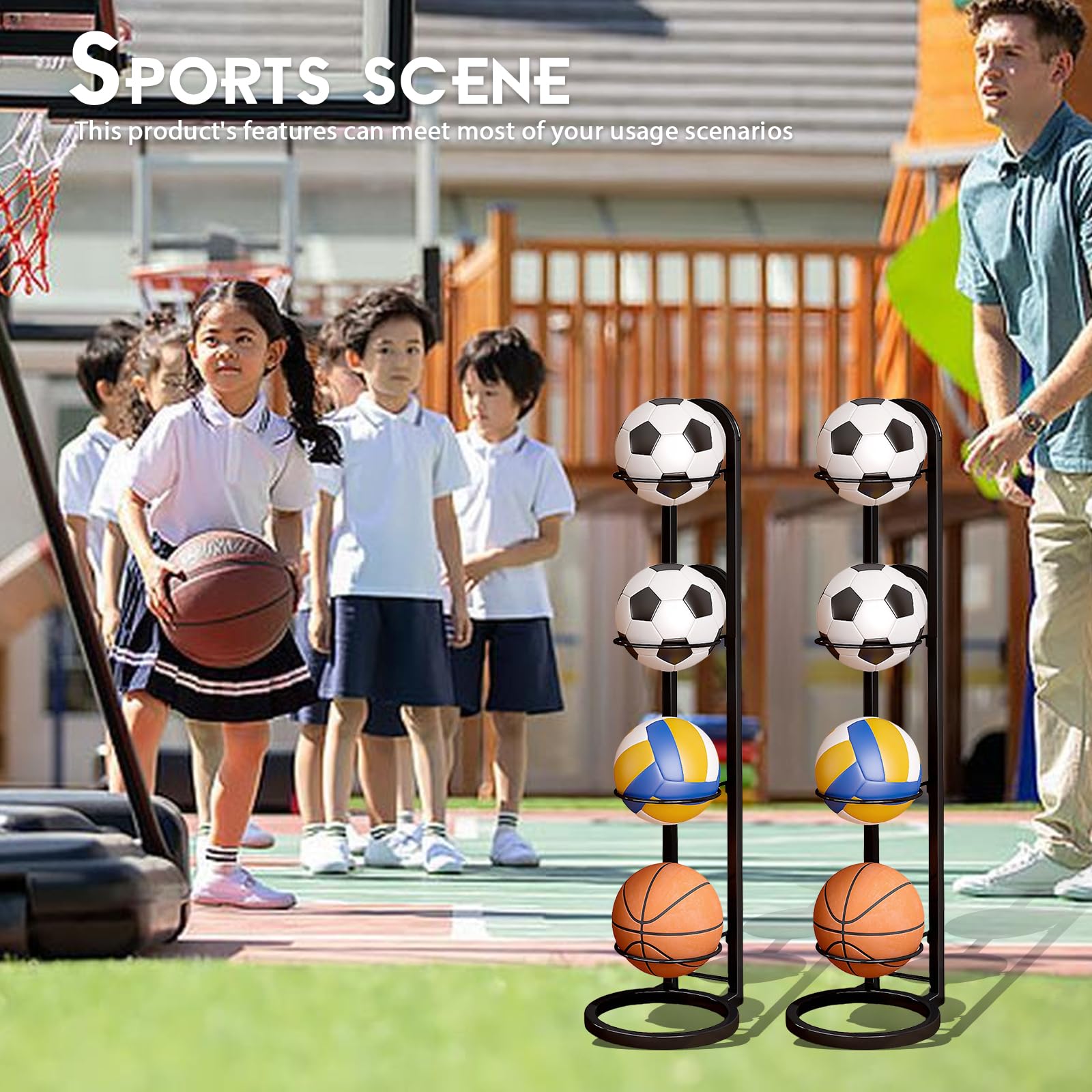 Estantería de 4 niveles para balones, soporte metálico para baloncesto, fútbol y voleibol
