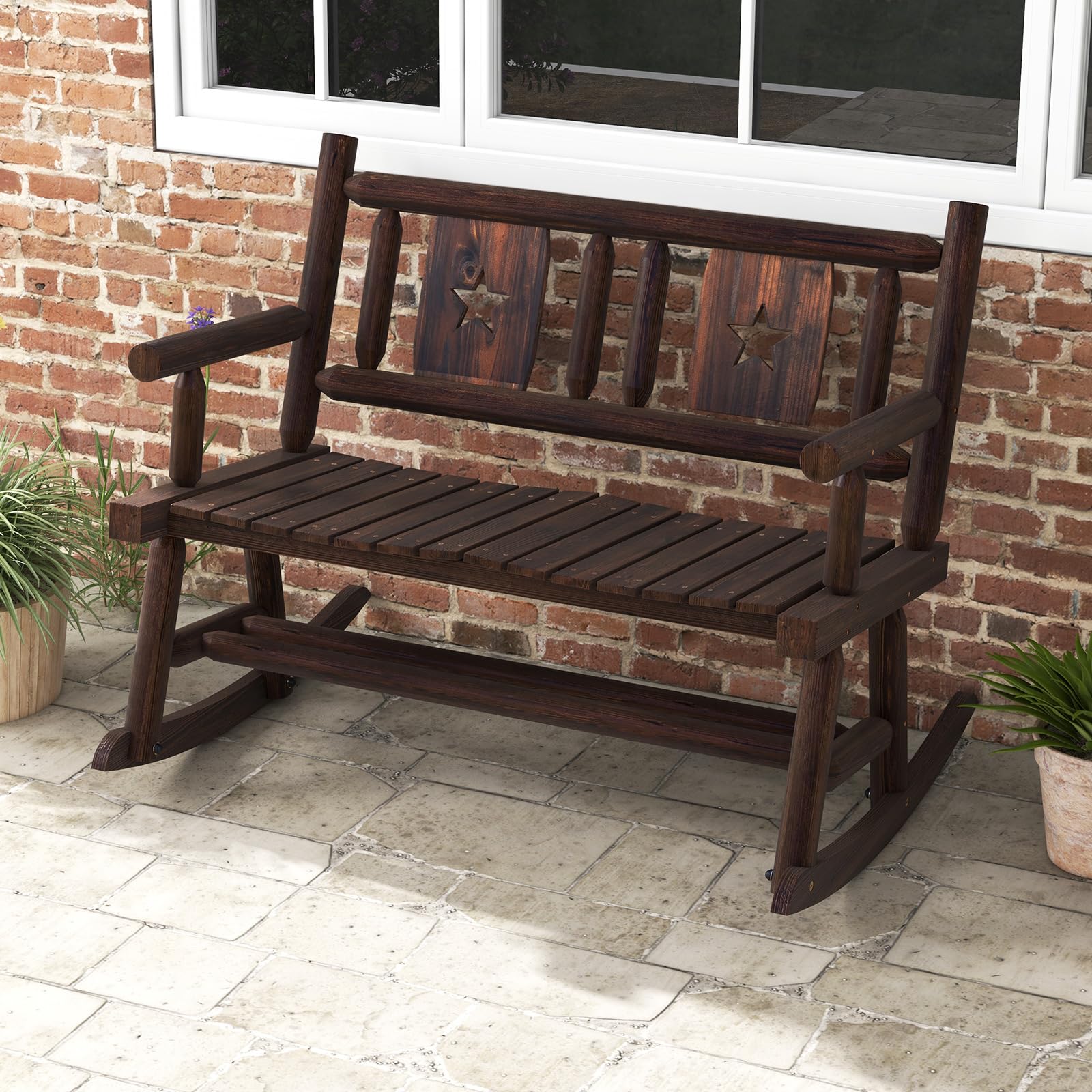 COSTWAY Banco Mecedora Jardin Exterior de 2 Plazas, Banco Madera Carbonizada con Respaldo y Reposabrazos, Banco Jardin Patio Terraza Porche, Carga 320 kg, 111 x 85 x 89 cm, Marrón Rústico