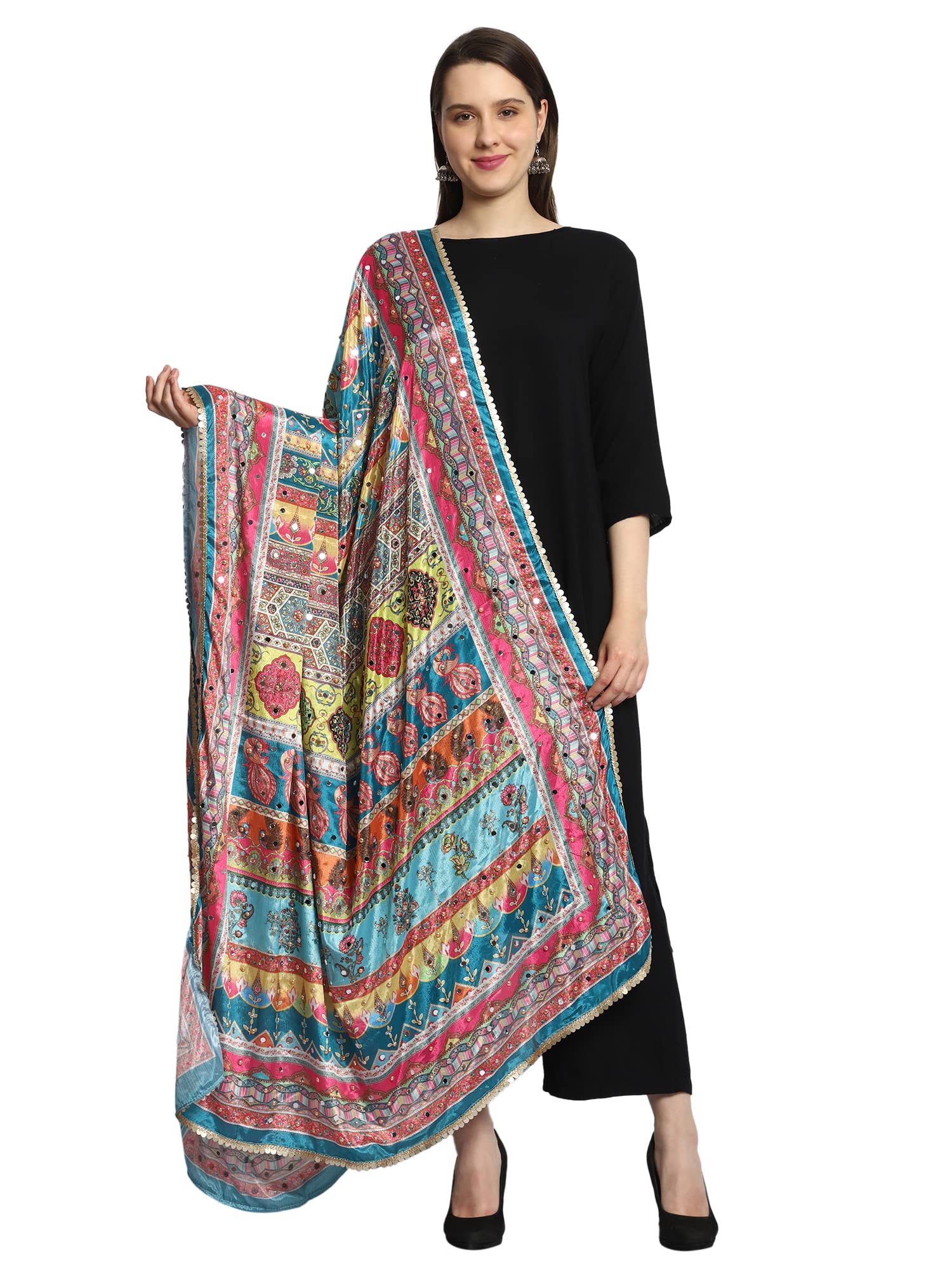 SWI WITH LABEL Women's Digital Printed Multicolored Pakistani Bridal Chiffon Blended Dupatta with Heavy Hand Work
