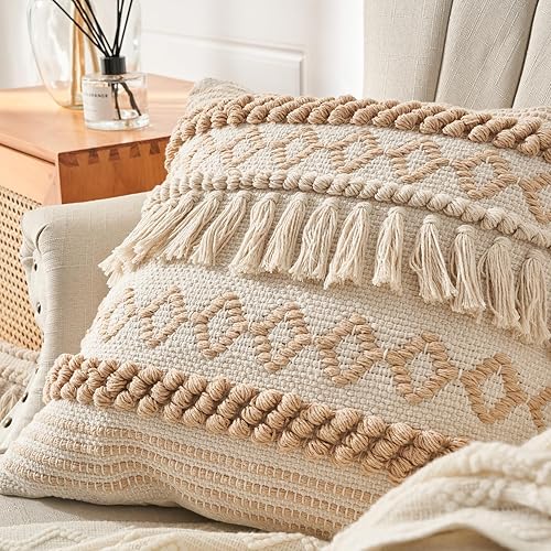 Miniatura 2 de Funda de almohada bohemia hecha a mano de 18 x 18 pulgadas, fundas de almohada decorativas de hilo de algodón bohemio color caqui crema con textura