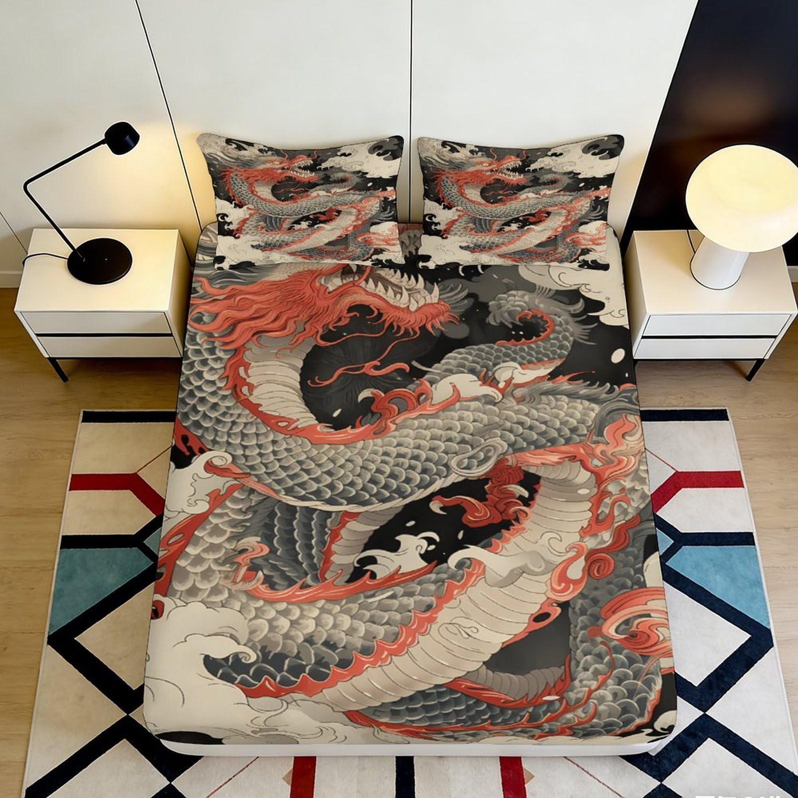 3D Printed Dragon Pattern Fitted Sheet Microfiber Soft Breathable Oriental Style Bed Cover for Bedroom Dormitory Guest Room Mattress Protection 200x200x25cm