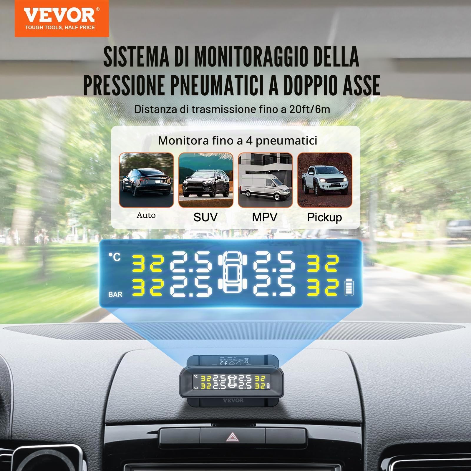 VEVOR Sistema di Monitoraggio Pressione dei Pneumatici per Camper 7.3-87psi Rimorchio TPMS Sistema di Allarme per Auto Wireless Universale Kit Sensore TPMS Impermeabile con Carica Solare 4 Sensori