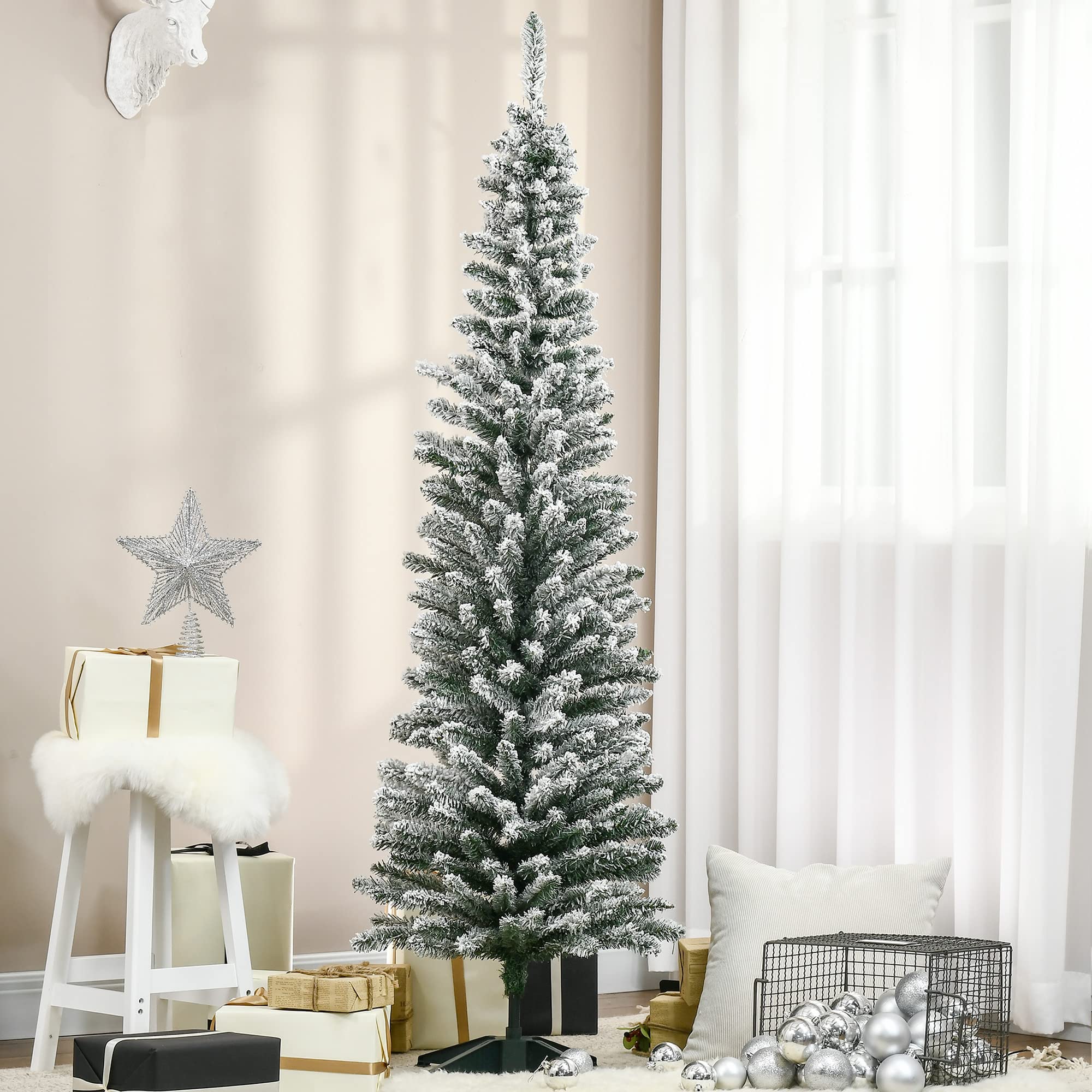HOMCOM Albero di Natale Slim Artificiale 180 cm con Rami Realistici, Albero di Natale Innevato Alto e Stretto con Base Pieghevole, Verde