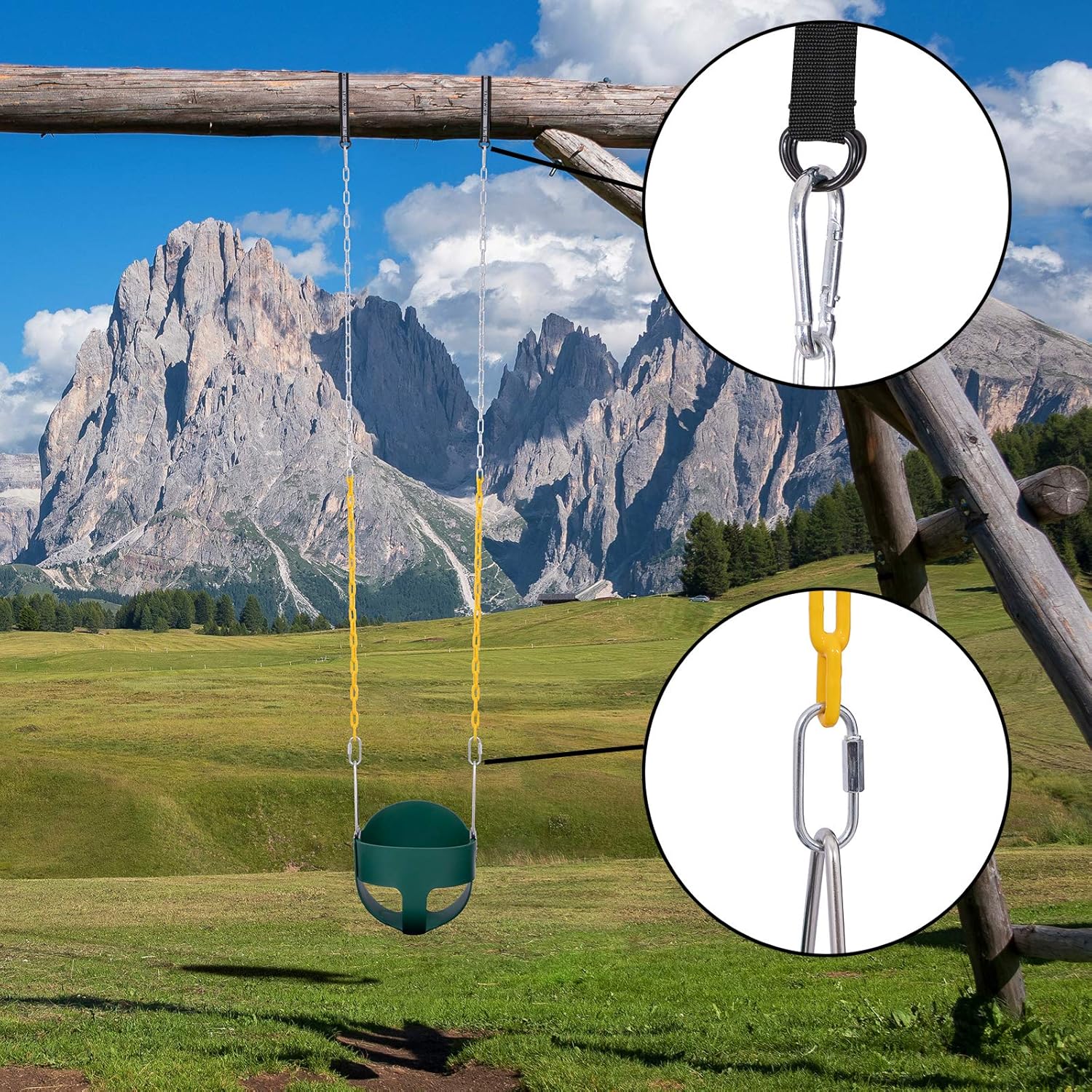 Sunnyglade Toddler High Back Full Bucket Swing Seat Kids Swing Set Accessories with 66 in Coated Chain,2PCS Snap Hooks & 2PCS Hanging Strap Support 660lb (Green)