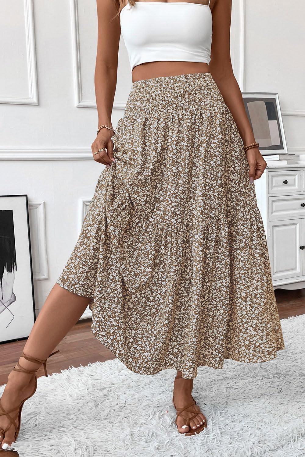Women's Boho Maxi Skirt Floral Printed Smocked High Waist Long Skirts with Pockets Flowy Ruffle A-Line Summer Beach - Image 6