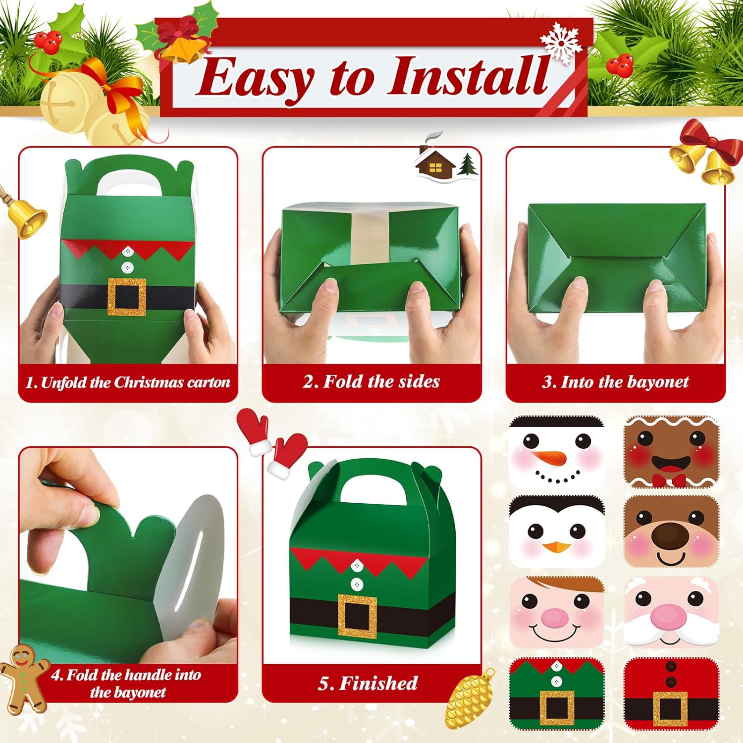 TaoBary 24 Pcs Christmas Goody Candy Boxes Cardboard with Handles 3D Christmas Favor Boxes with Vibrant Print for Party Gifts Candy Chocolate Treats and Cookies Favors (Big Head Style) - Image 5