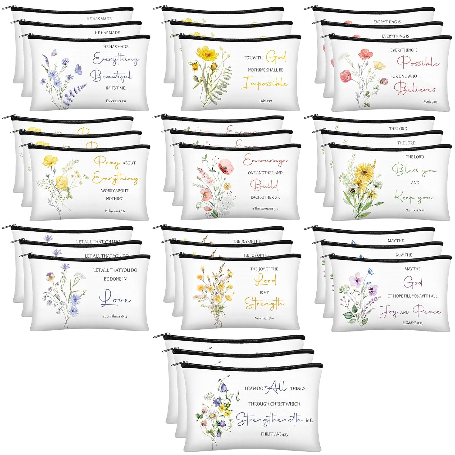 Jetec 30 Pcs Christian Gift for Women Religious Mother’s Day Gifts Cosmetic Bags Inspirational Bible Verse Pencil Pouch Makeup Bags with Zipper for Travel Women Mother Sister(Flower Style)