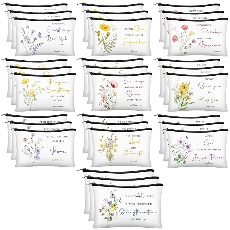 Jetec Necessaires de Maquiagem com Estampas Florais e Versículos, Pacote com 30