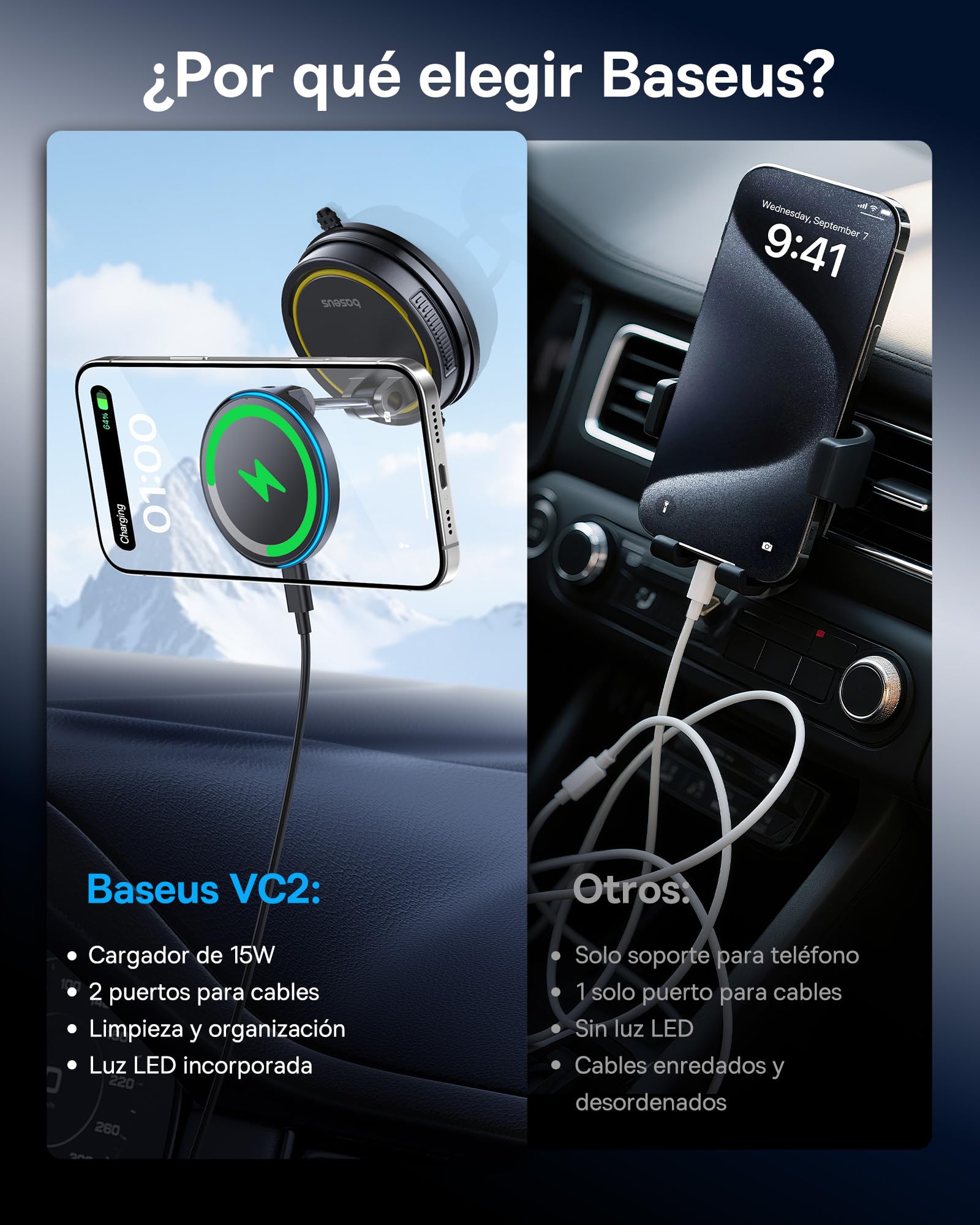 Baseus VC2 Flex Pro 15W Cargador Inalámbrico Coche, Soporte Teléfono Móvil para Coche con Función de Carga, Flexibilidad de 720°, Sujeción Magnética de 35N para iPhone 17-12 Serie, Samsung