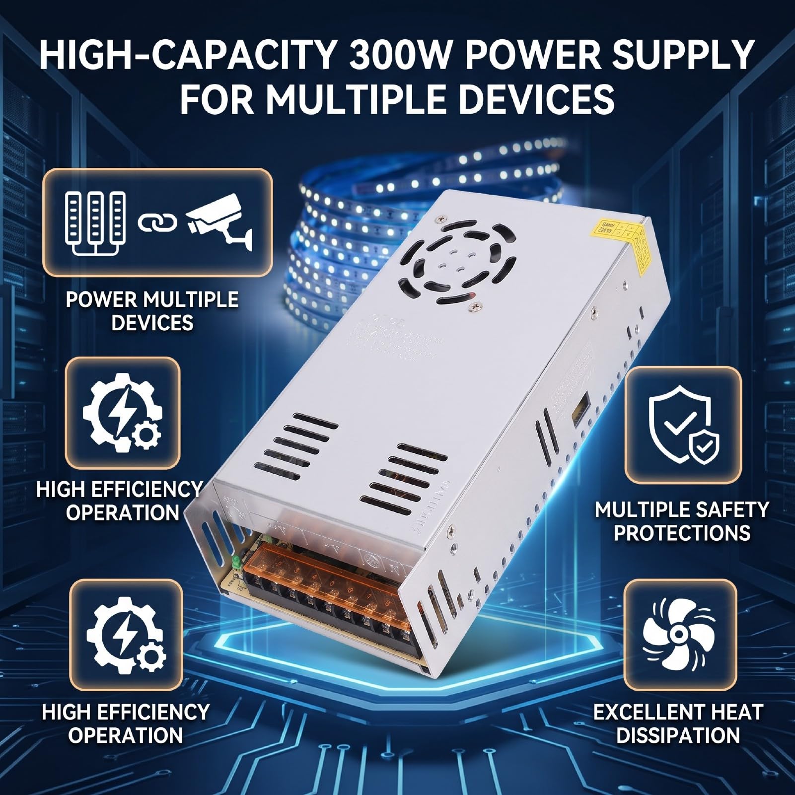ViaGasaFamido 5V 60A Zasilacz Impulsowy 110V 220V AC do DC 300W | Adapter do Taśmy LED CCTV, Wyjście DC, Wiele zabezpieczeń, Aluminiowa Obudowa do Odprowadzania Ciepła, 24-godzinna Praca
