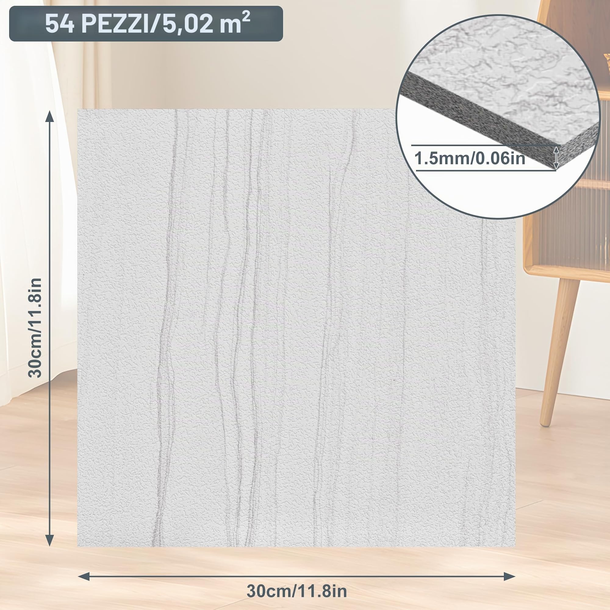 54 pezzi, 5,02 m² pavimento in PVC, pavimento in vinile autoadesivo, piastrelle in vinile, piastrelle adesive per pavimenti, antiscivolo e impermeabile per soggiorno, cucina, bagno - Grigio