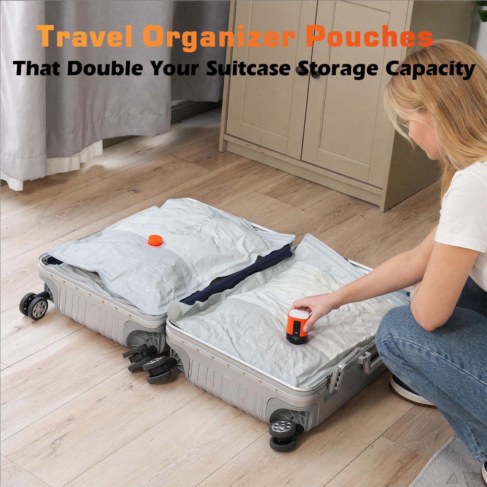 ETENWOLF Paquete de 20 bolsas de sellado al vacío para ropa de viaje con batería inalámbrica, bolsas de almacenamiento al vacío reutilizables para equipaje y maleta, múltiples tamaños de equipaje de
