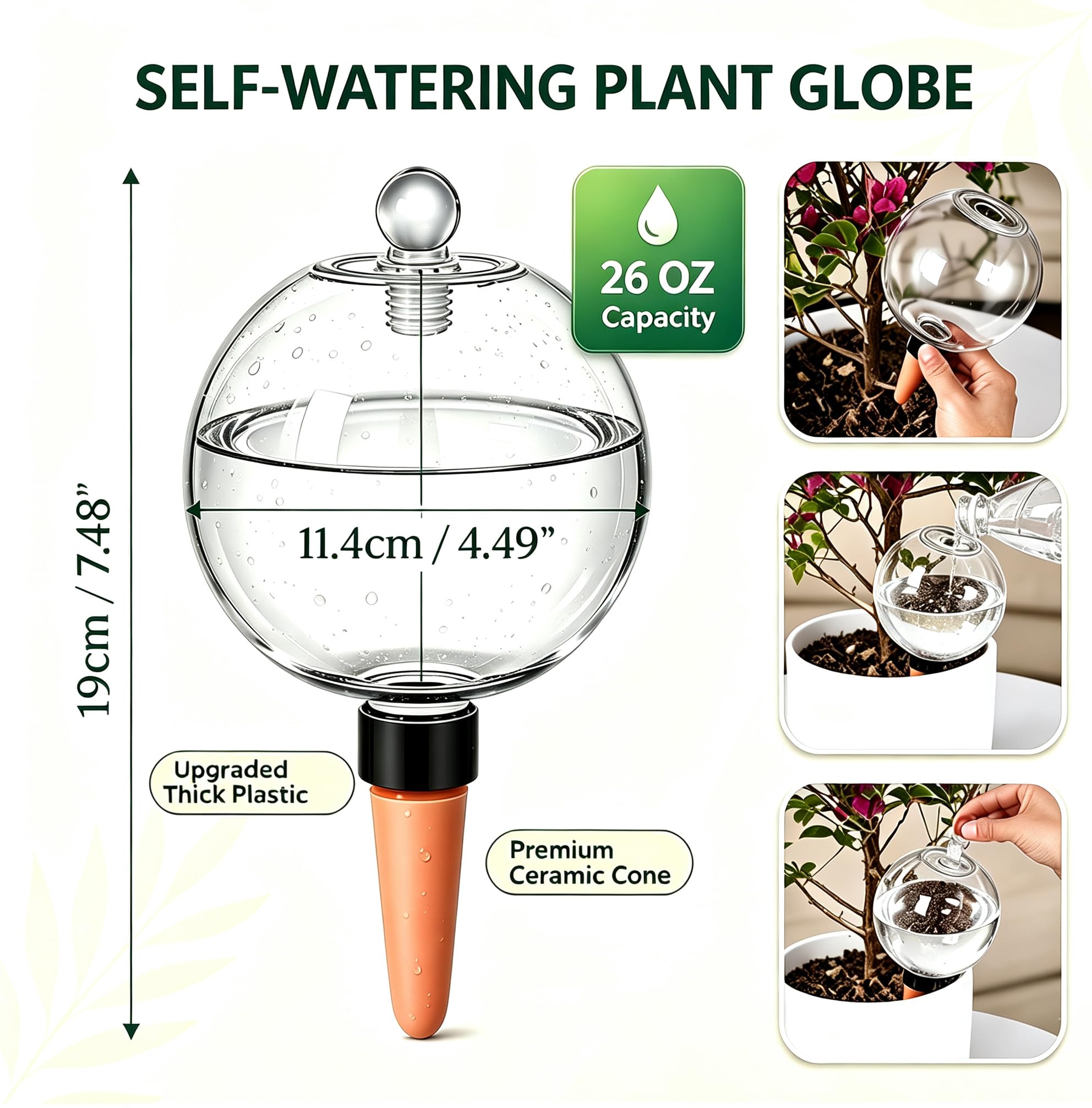 Lot de 2 grands globes d'arrosage automatique en plastique pour plantes 737 g | Jusqu'à 21 jours d'arrosage pour de longues vacances, bouchon en verre anti-obstruction pour éviter la saleté