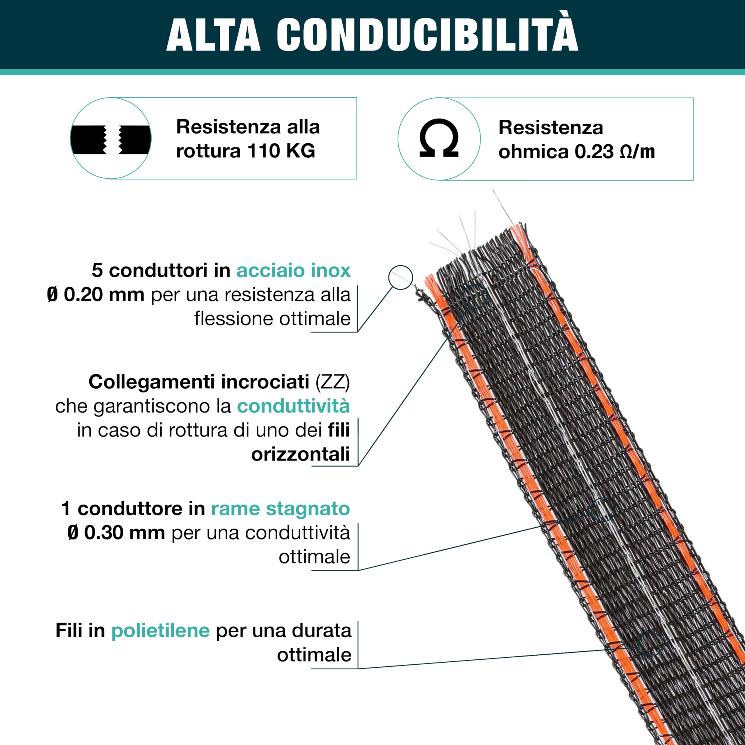 Nastro ZZ 20 mm - Recinzione elettrica per animali (mucca, capra, pecora, cavallo) - Bobina da 400 m - 5 fili in acciaio inox diametro 0,20 mm e 1 filo di rame diametro 0,30 mm