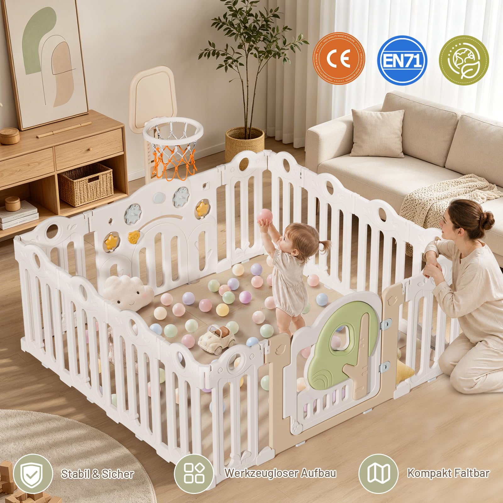 Laufstall Baby Faltbar 150x150, Groß Laufgitter Baby mit Mini-Basketballkorb, XXL Tragbar Playpen mit Tür für Babys&Kleinkinder, Montessori Spielboard&Babyzaun Kunststoff für Innen&Außen