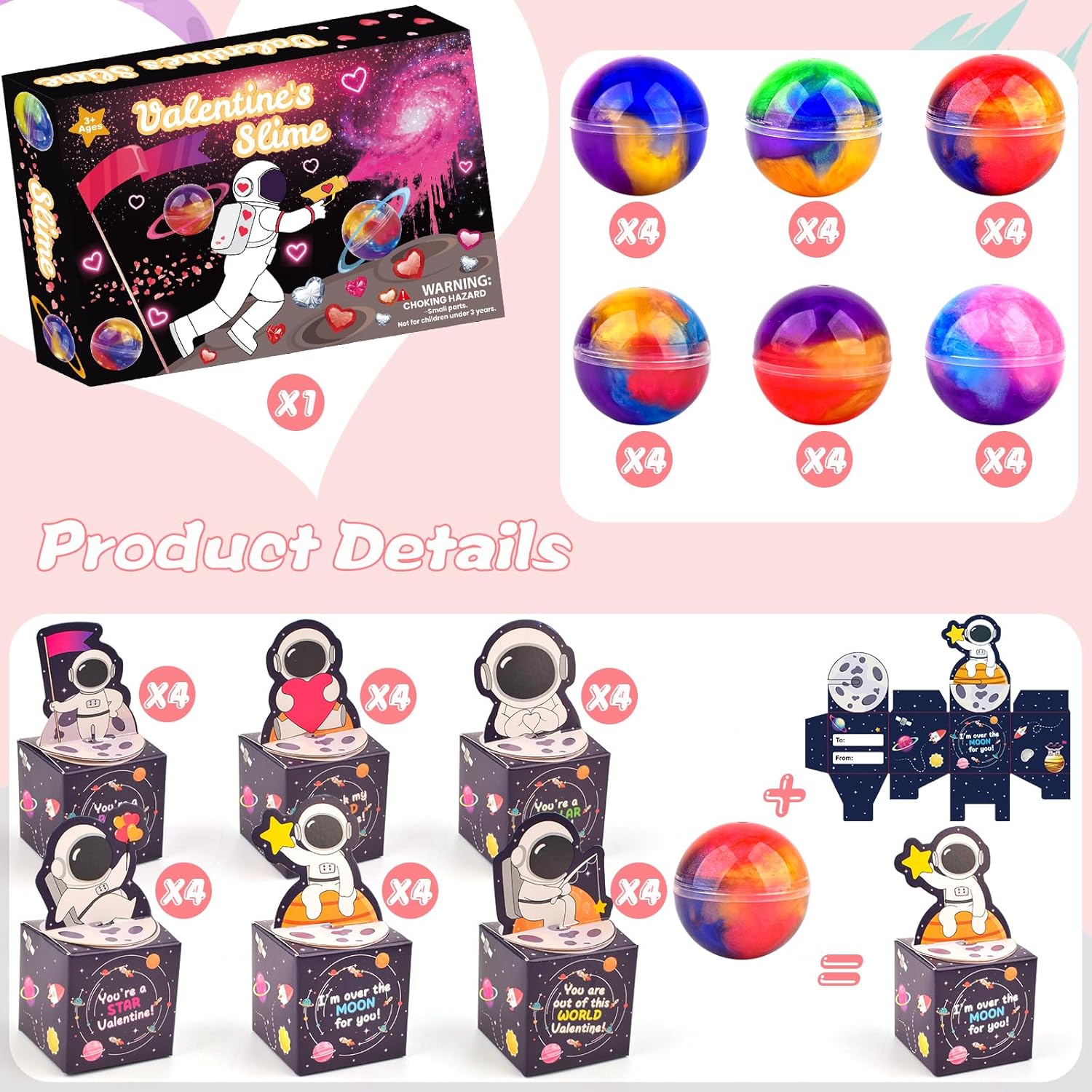 24 Pack Valentines Day Gift Cards Box with Slime, Galaxy Slime Balls Stress Relief Fidget Toy for Kids Party Favor, Classroom Exchange Prizes Gift Set, Valentine Party Favors for Kids Girls Boys