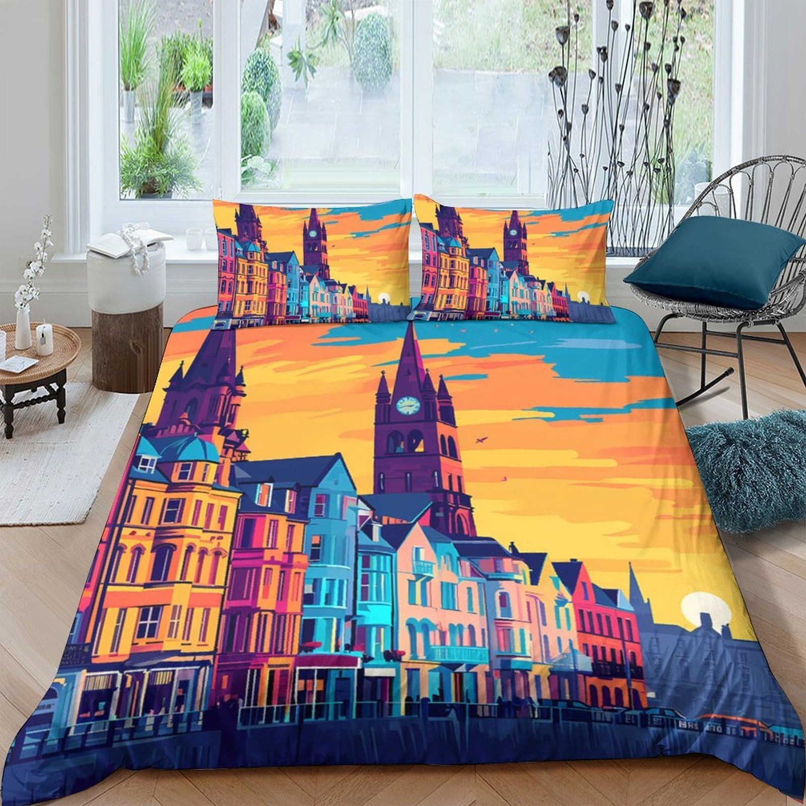 Ctjqhvkz Style-8 3D Printed Colorful Cityscape Fitted Sheet Microfiber Soft Urban Sunset Mattress Cover For Bedroom Dorm Decorative Protection Single（135X200cm）