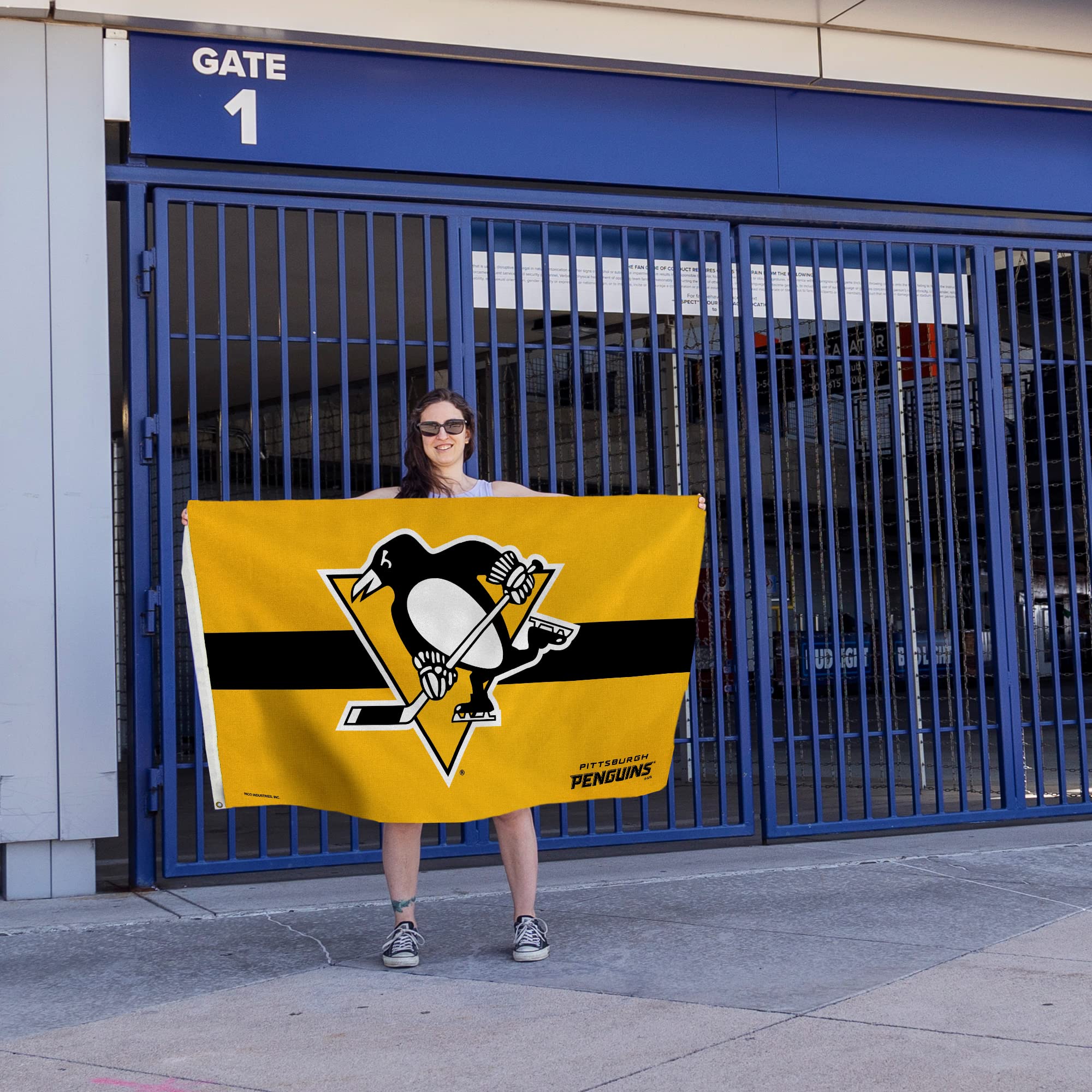 Rico Industries NHL Hockey Pittsburgh Penguins Gold with Black Stripe 3' x 5' Banner Flag Single Sided - Indoor or Outdoor - Home Décor